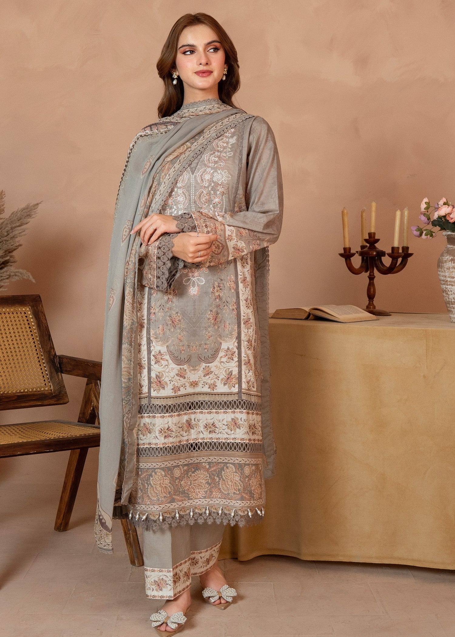 slub lawn Kurta Set in Battleship grey