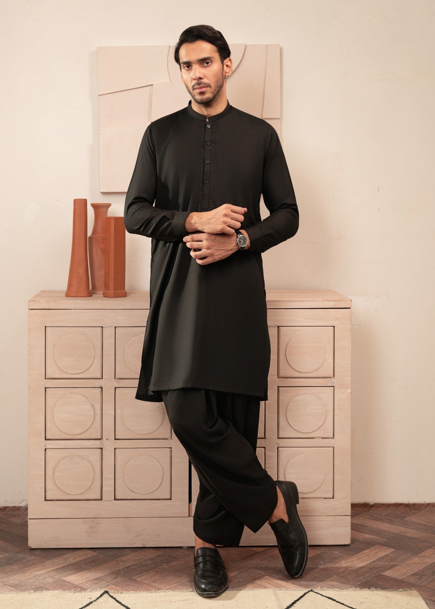 wash & wear Shalwar Kameez in Black by Buraq