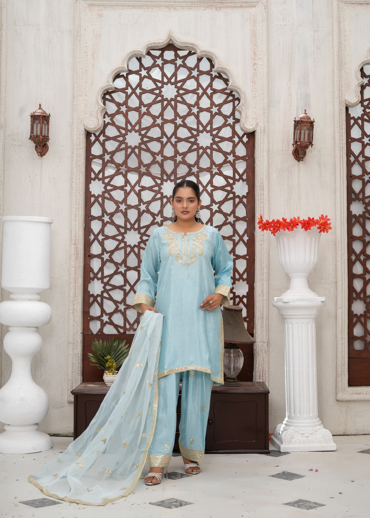 raw silk Kurta Set in Pacific blue