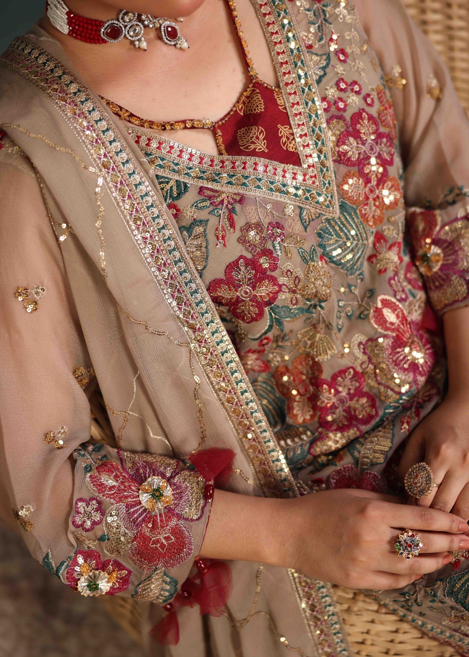 crinkle chiffon Kurta Set in Warm grey