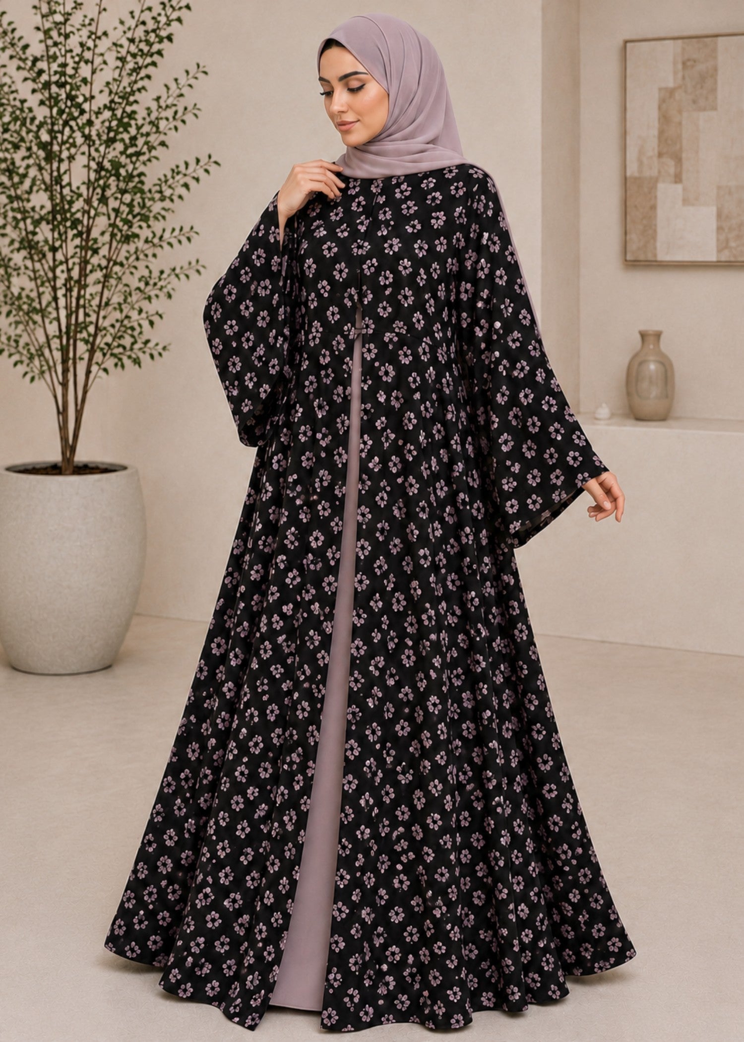 crepe georgette Abaya in Coral pink, black