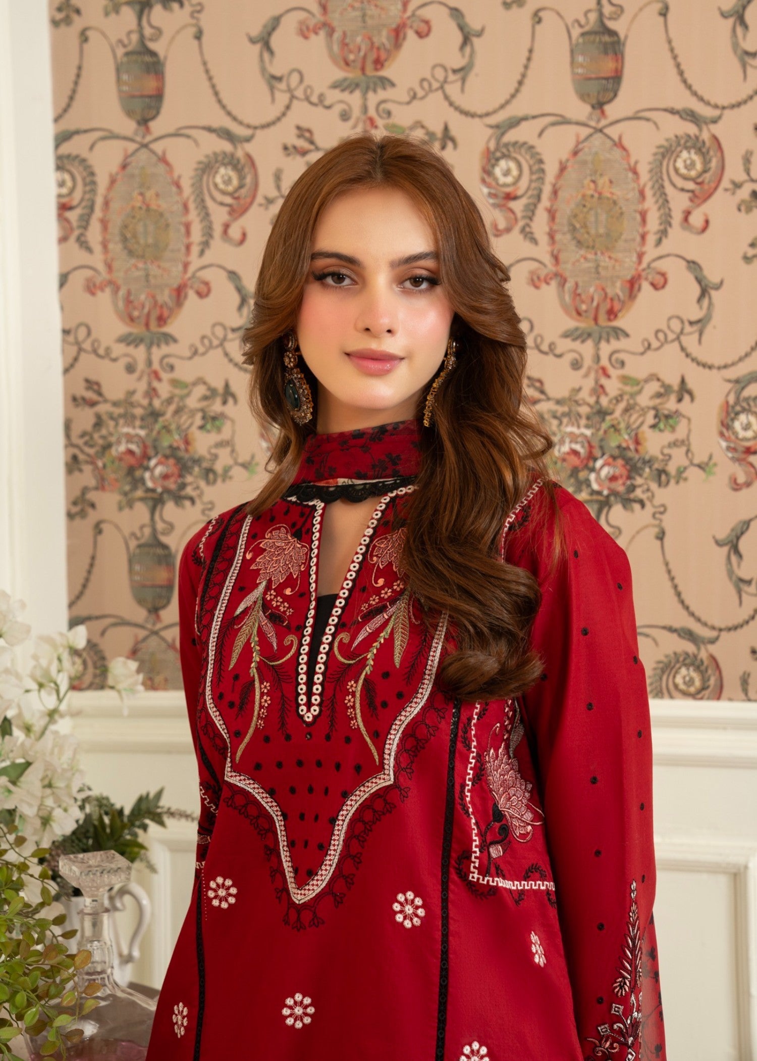 lawn cotton Kurta Set in Red