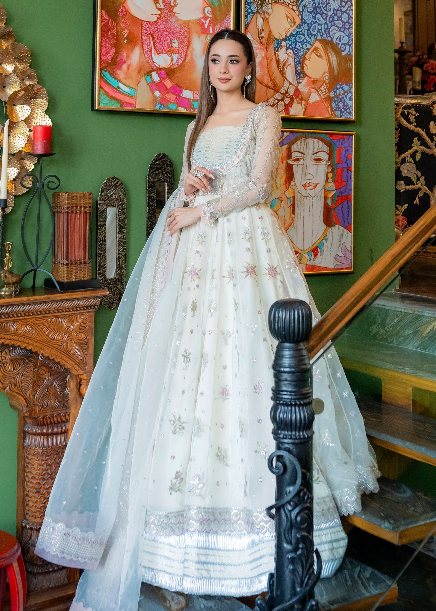 organza Pishwas in White