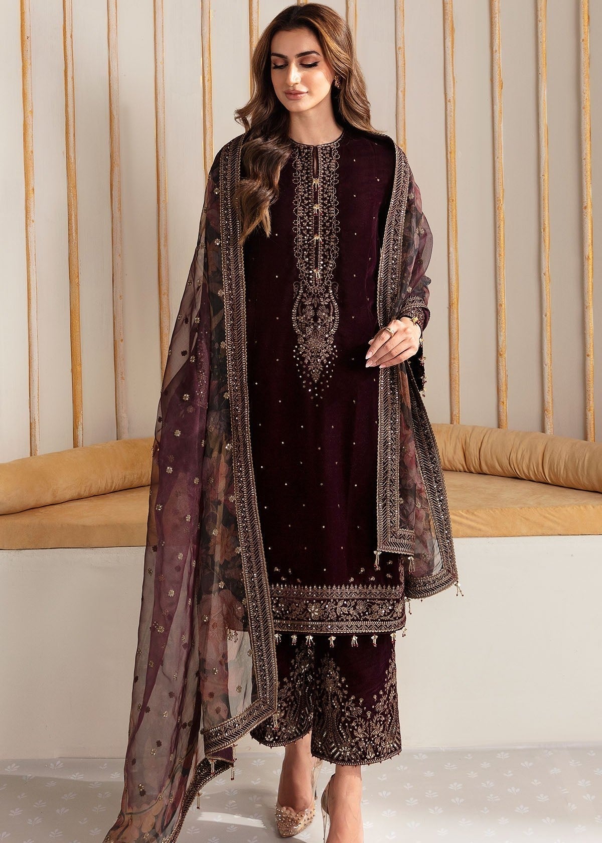 velvet Kurta Set in Plum
