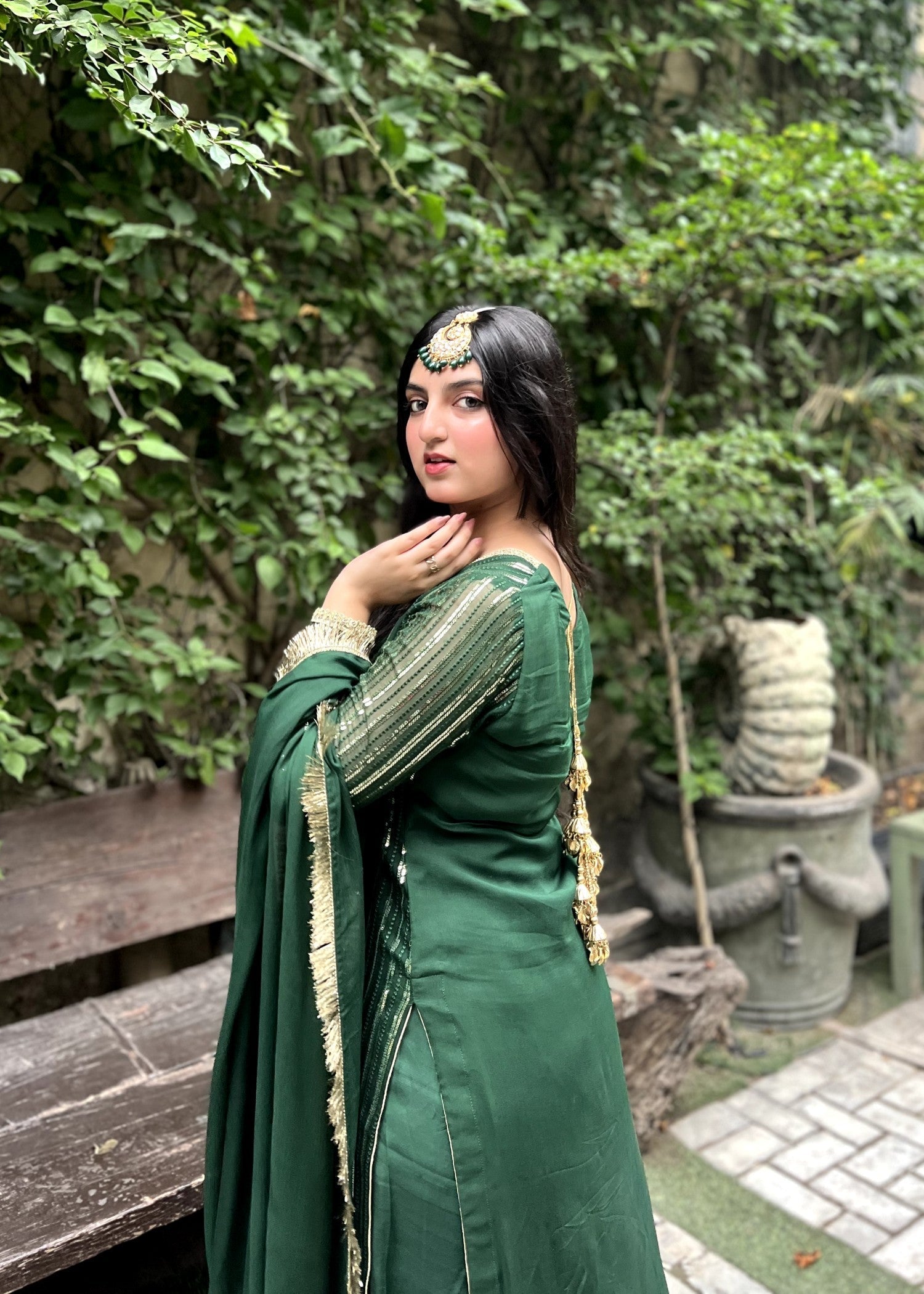 chiffon Kurta Set in Bottle green