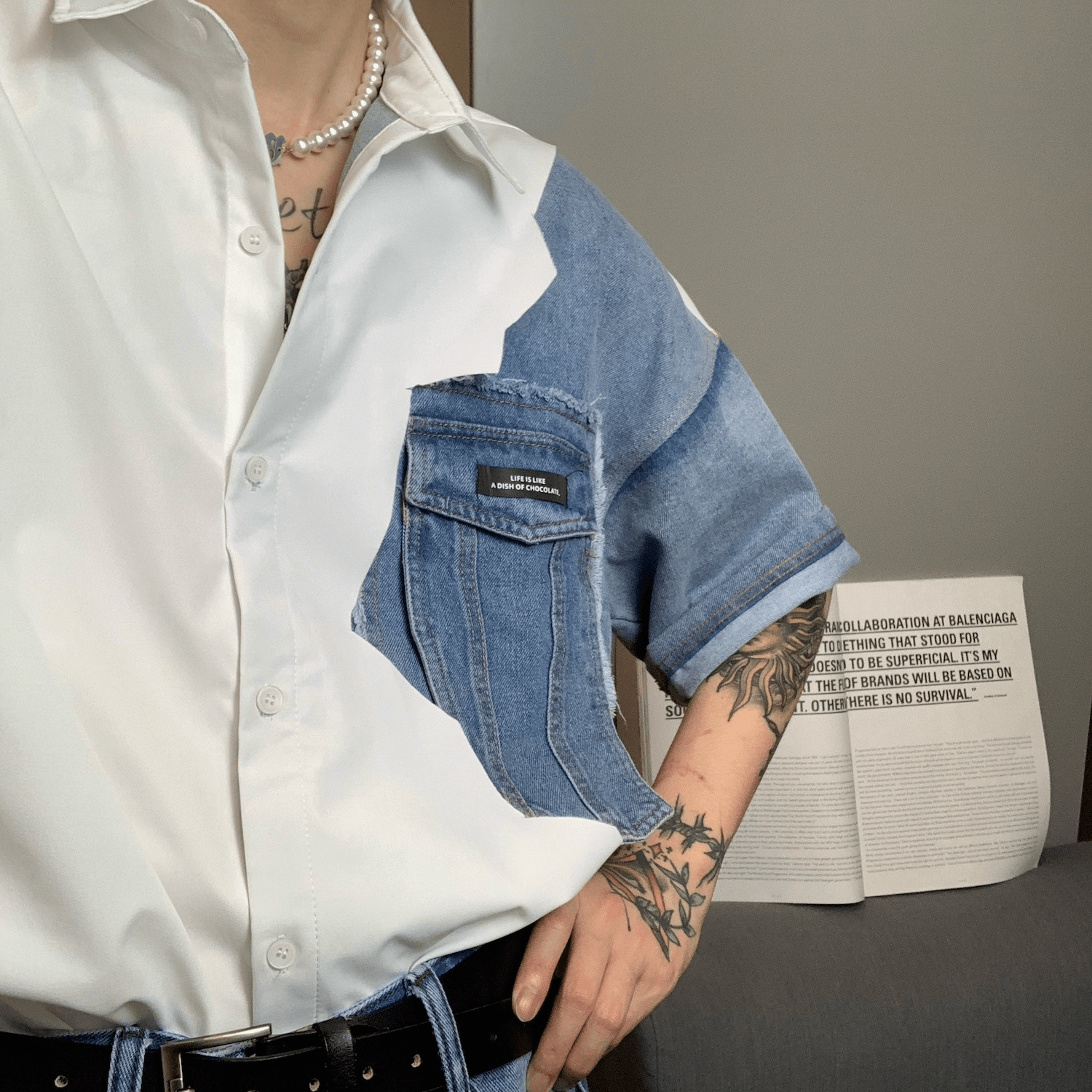 White Denim Shirt with Square Neck and Short Sleeves