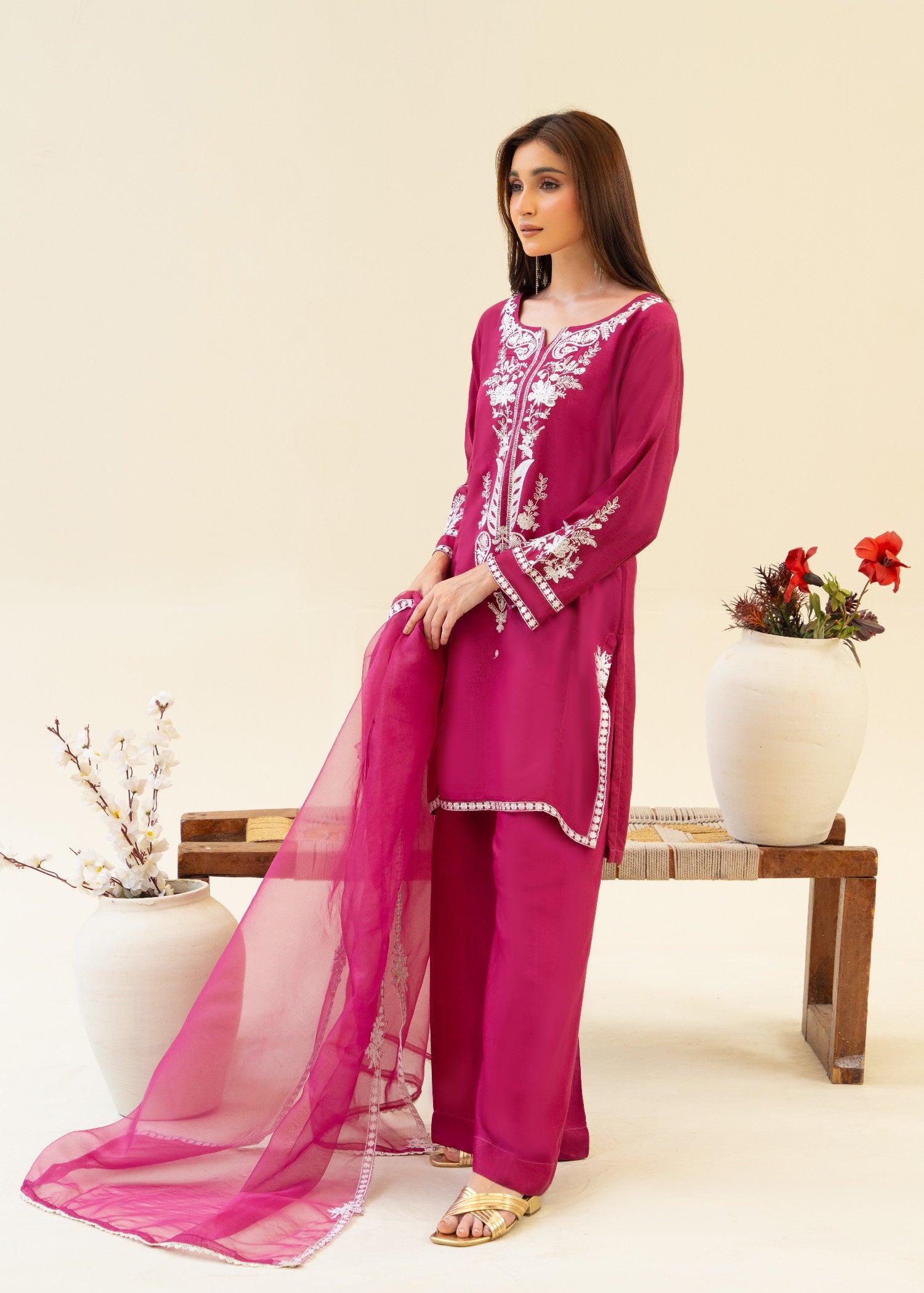 viscose raw silk Kurta Set in Burgundy