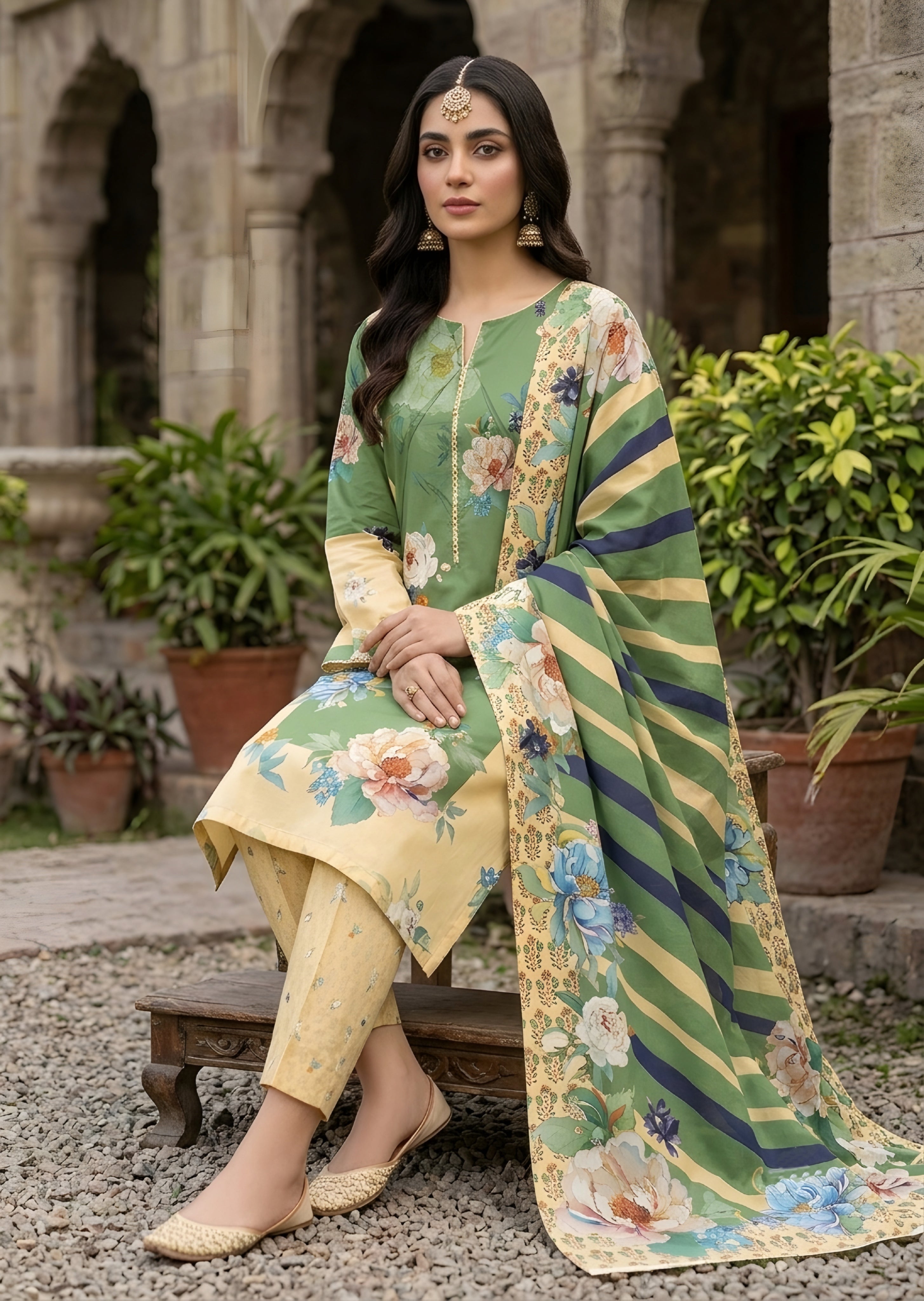 slub linen Unstitched in Pastel green, light yellow