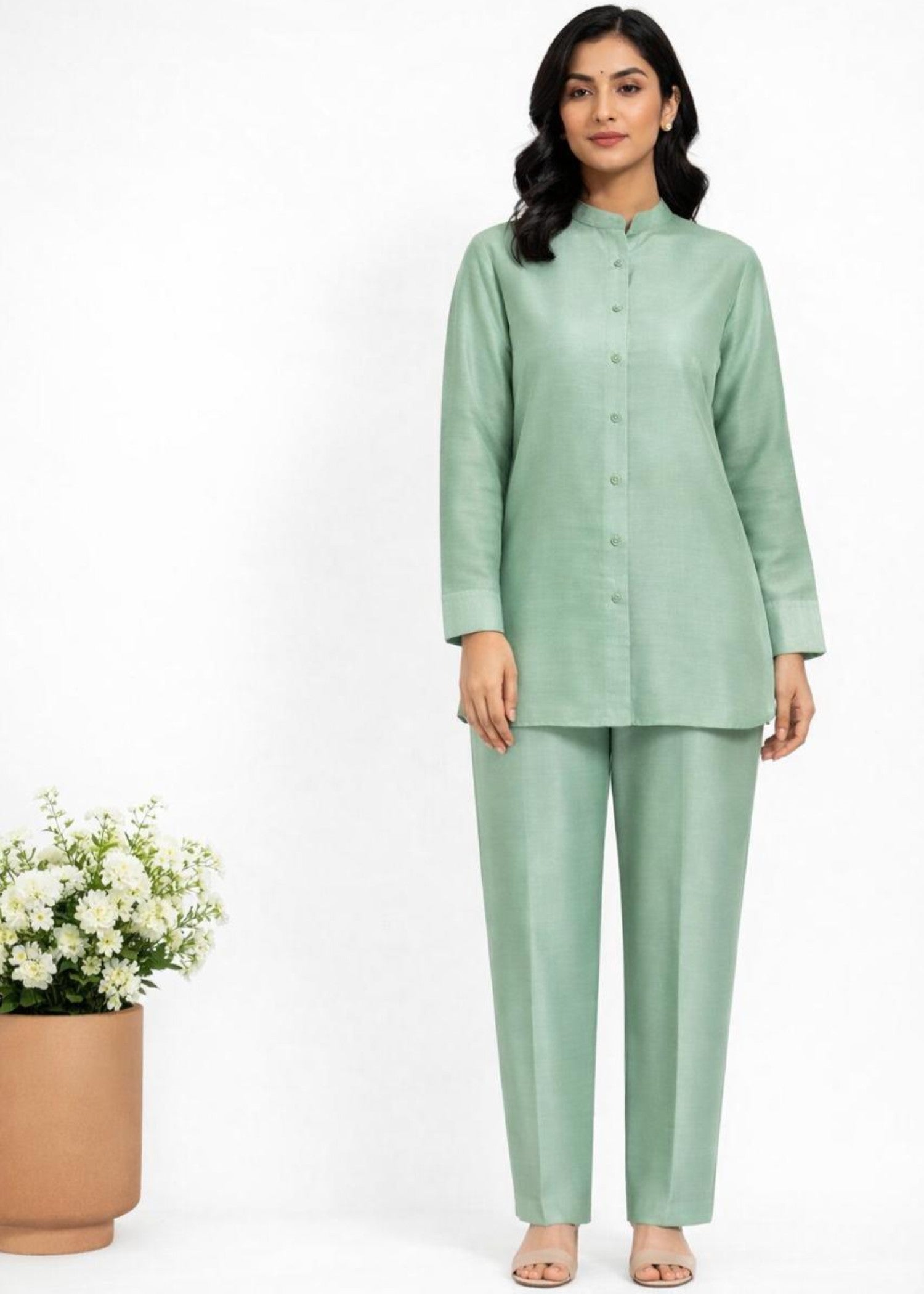 korean raw silk Co ord Sets in Emerald green