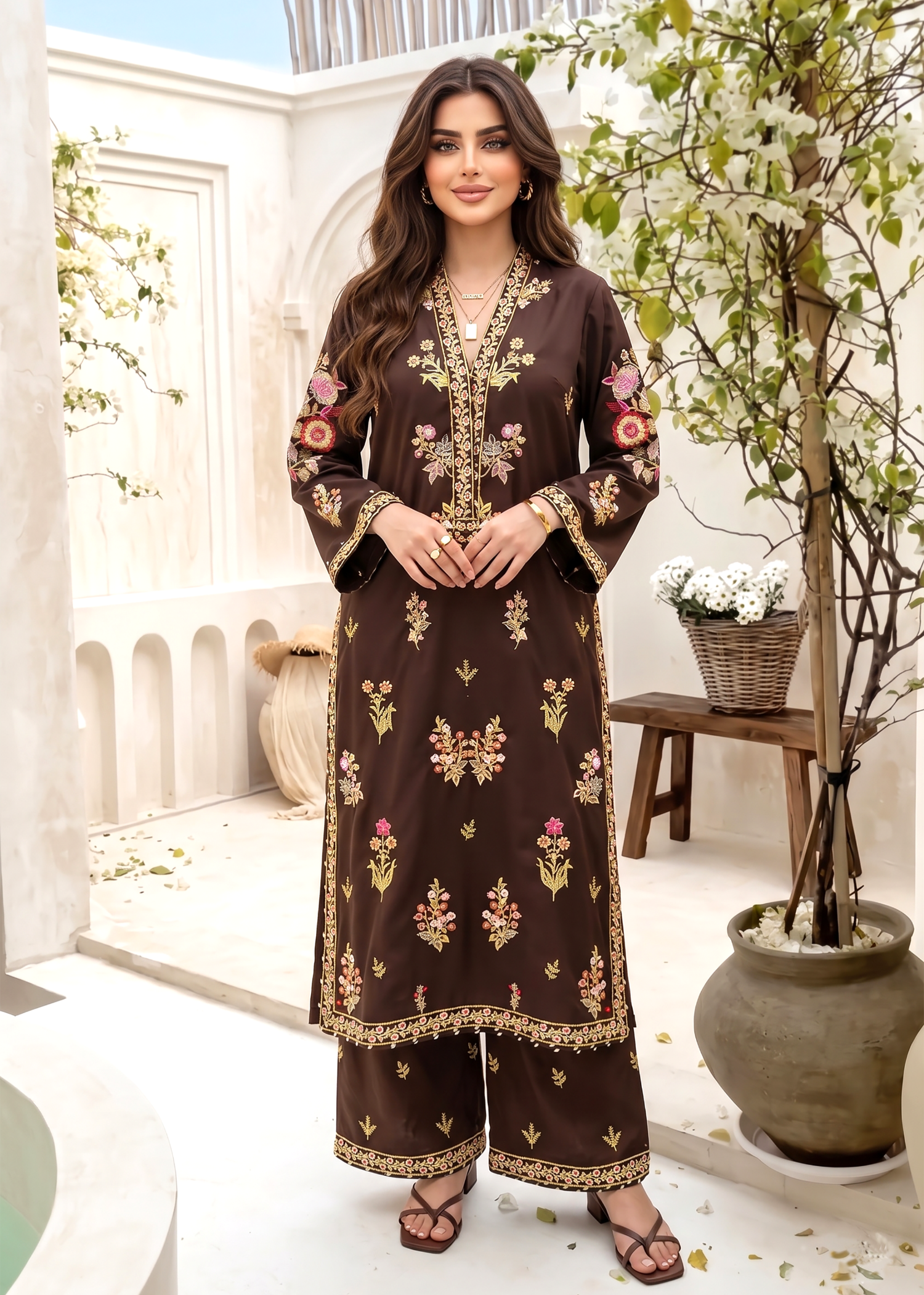 cambric Kurta Set in Brown