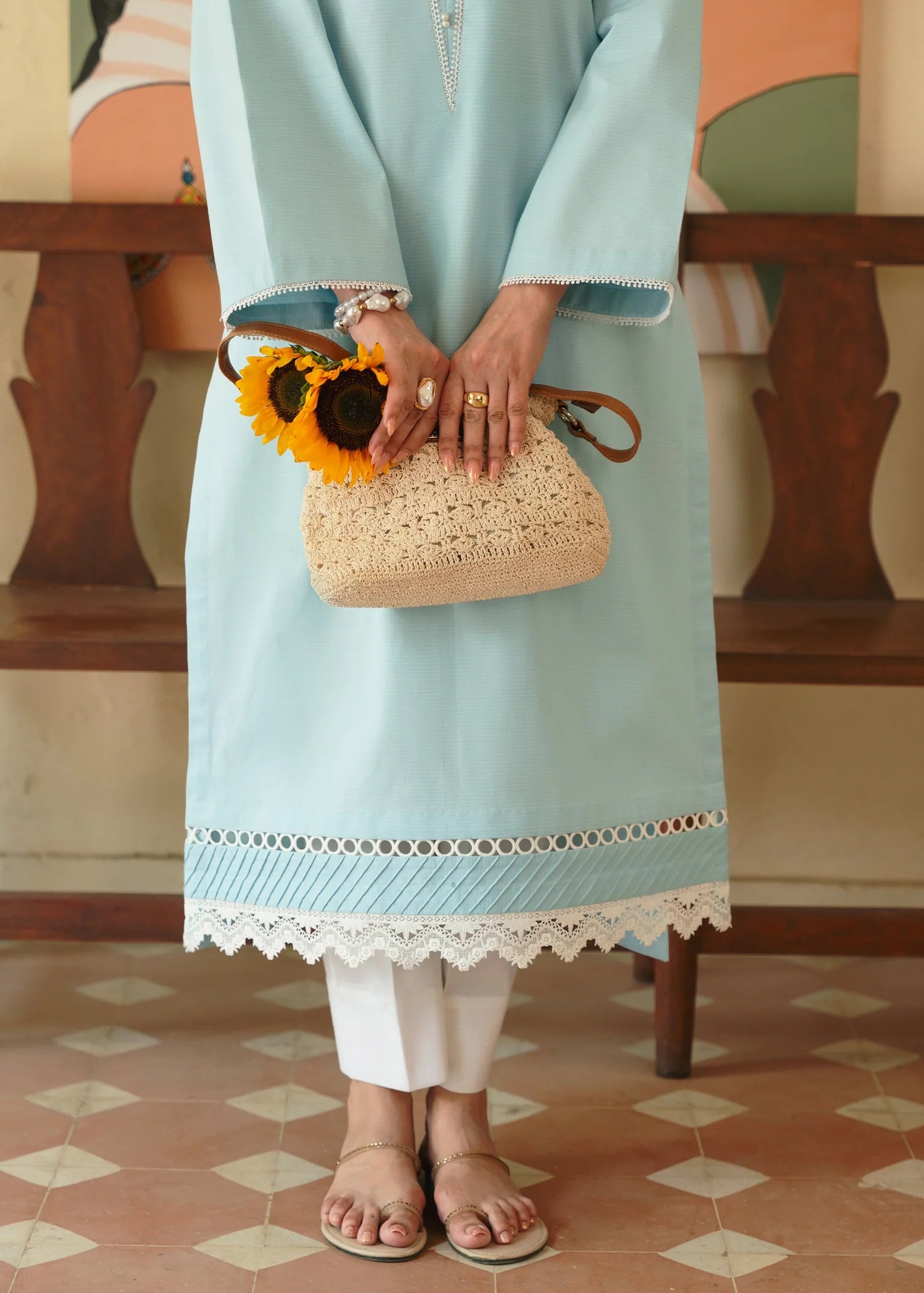 ribbed lawn Kurta Set in Sky blue