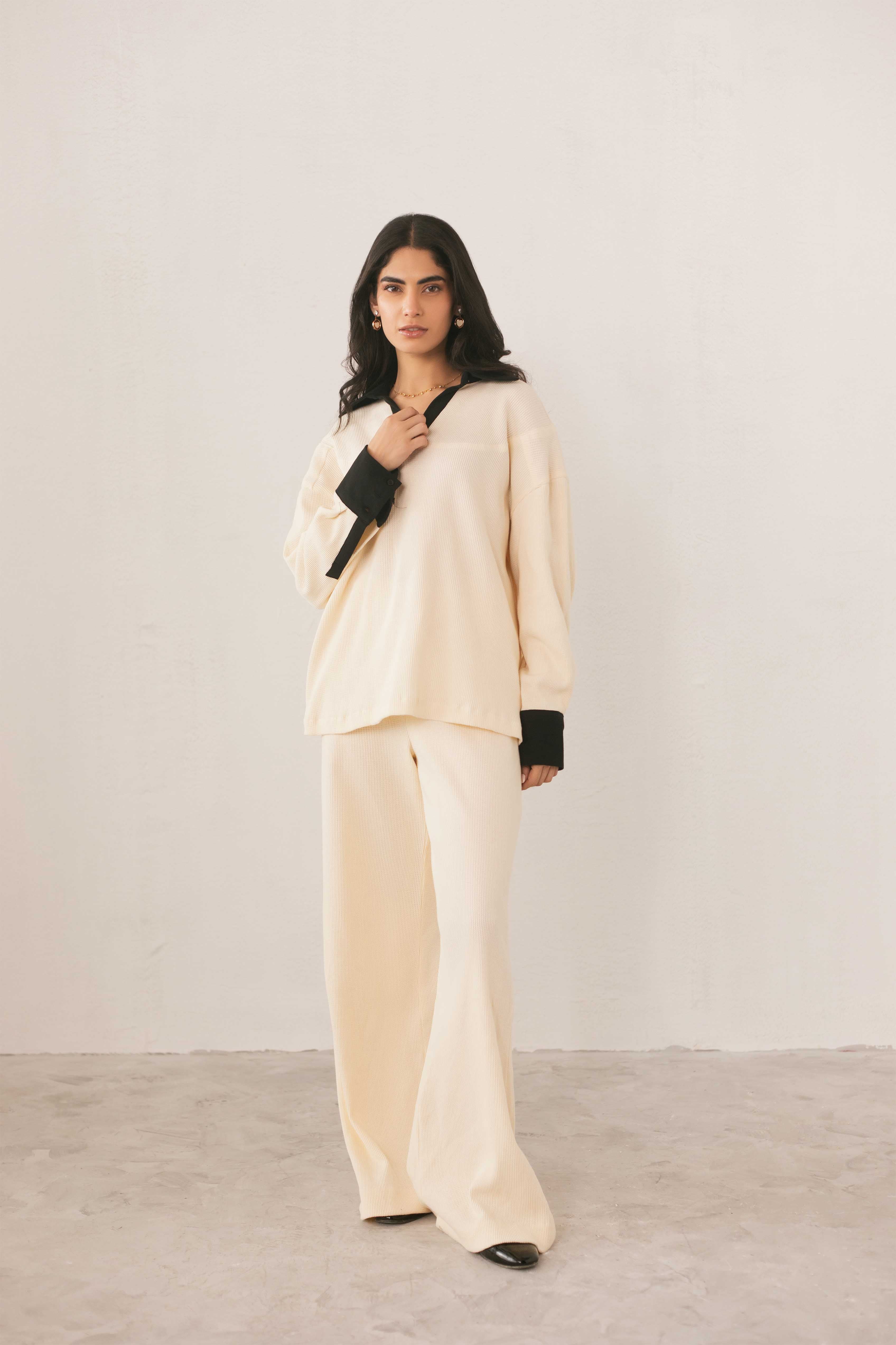 yarn dyed jacquard Trousers in Cream