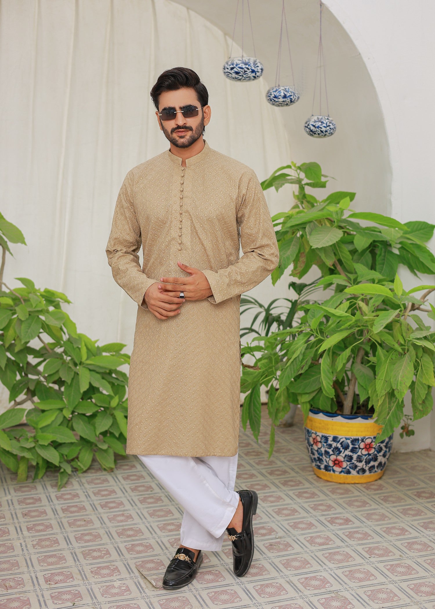 chikankari cotton Kurta Set in Beige