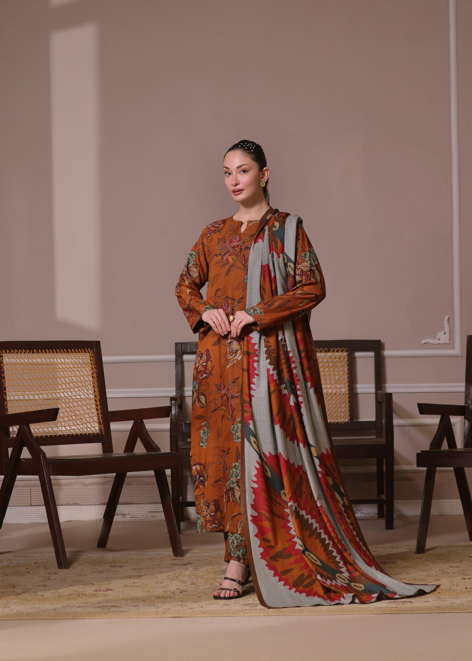 twill khaddar Kurta Set in Dark coral