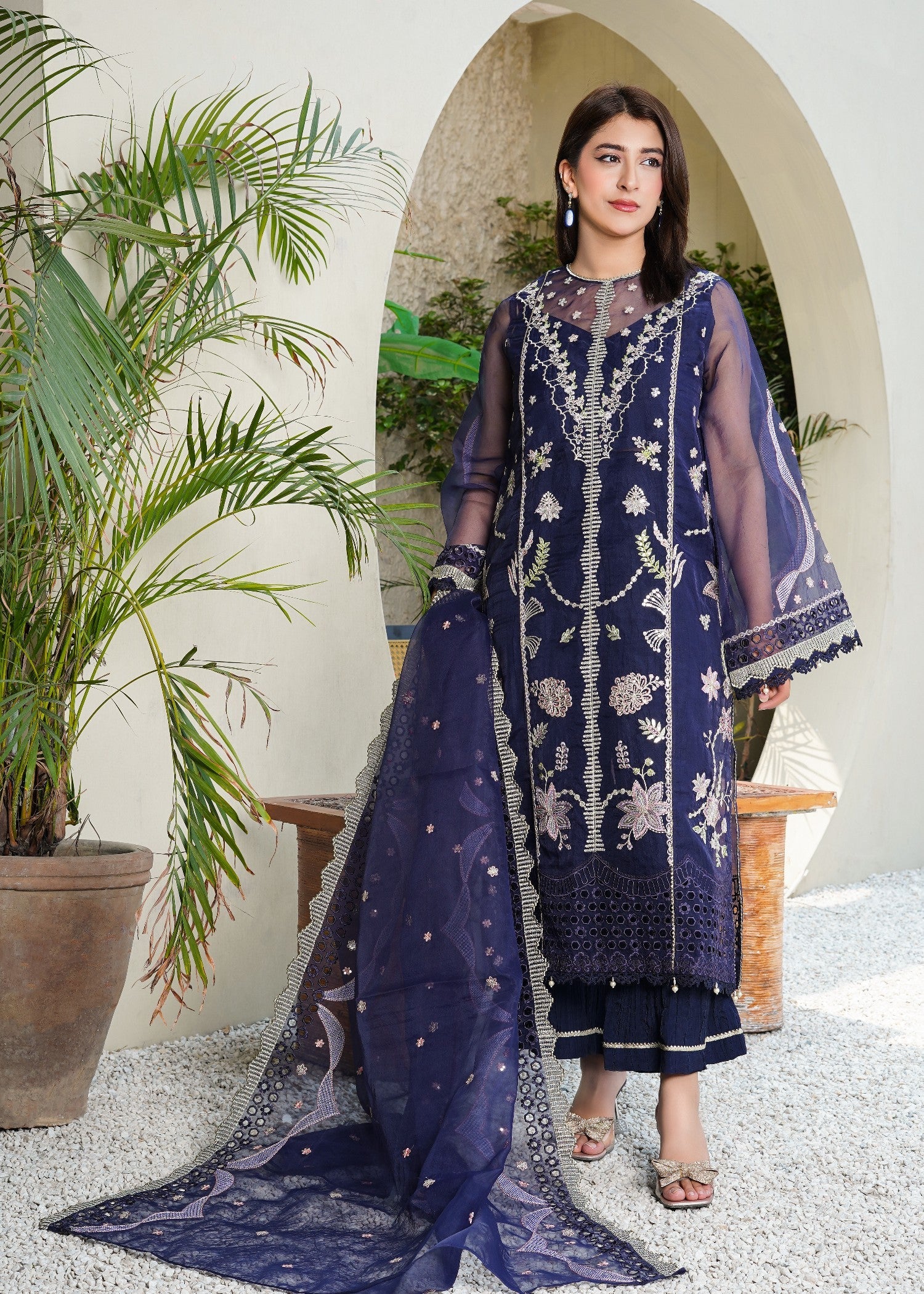 organza Kurta Set in Midnight blue
