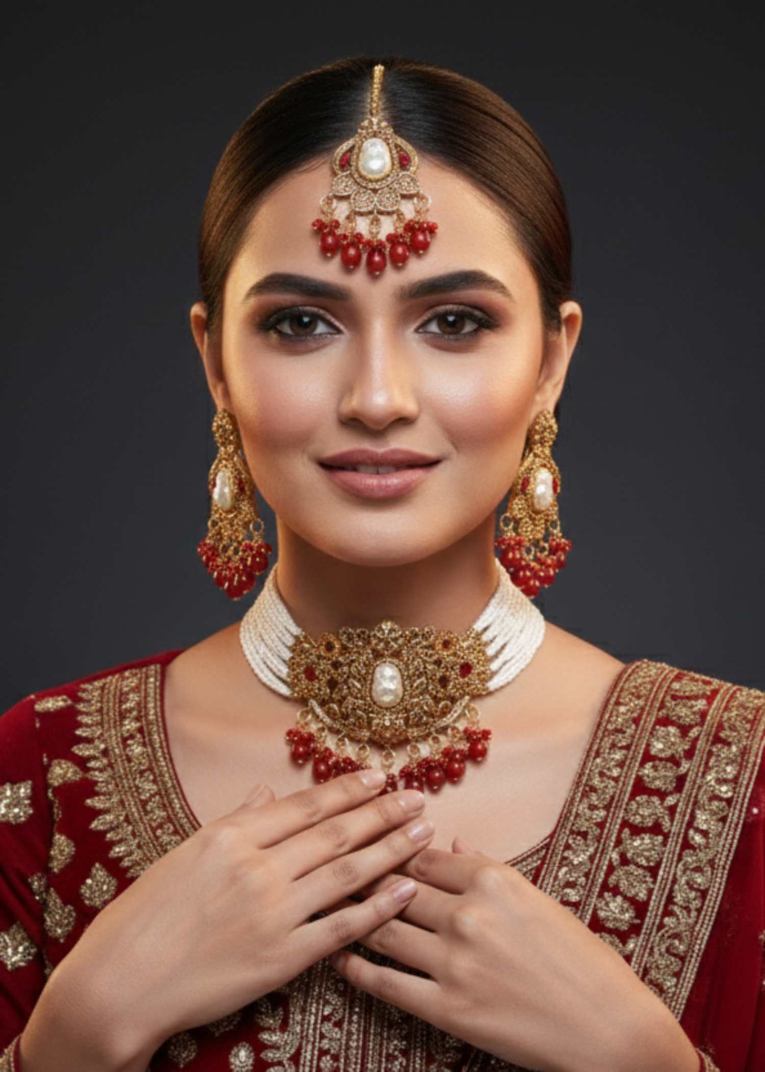 Choker in Champagne, pearl white, red Color by - Trendy Women Choker YHM9867