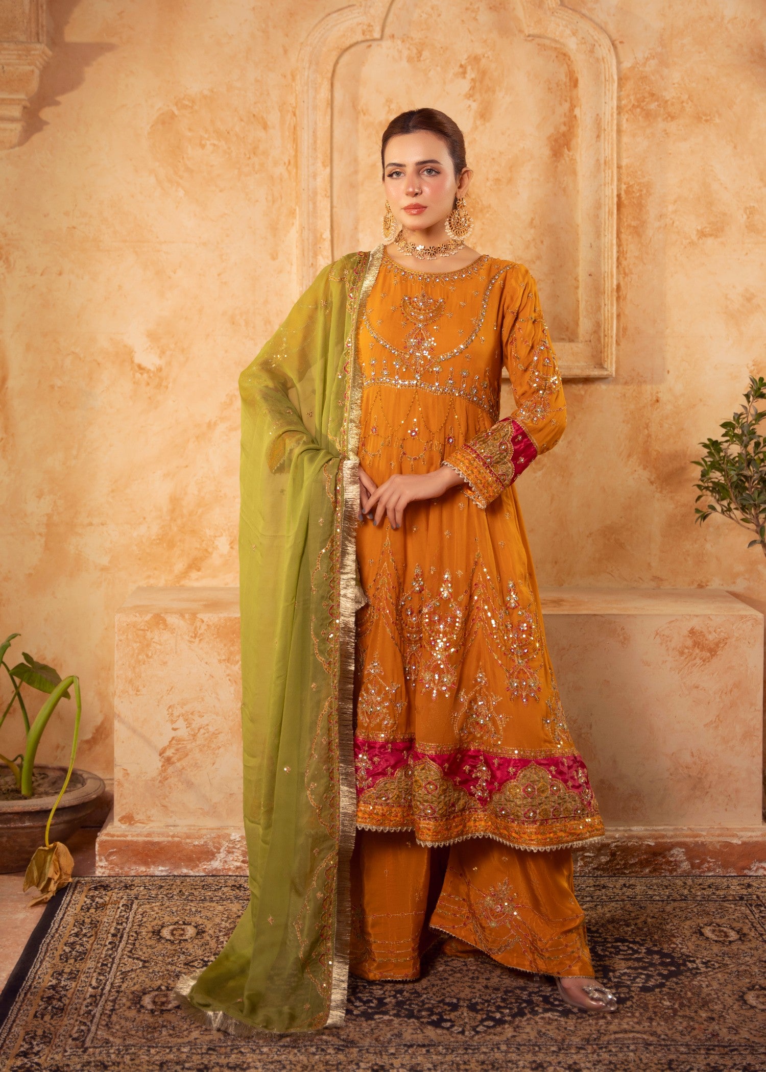 chiffon Pishwas in Yellow ochre