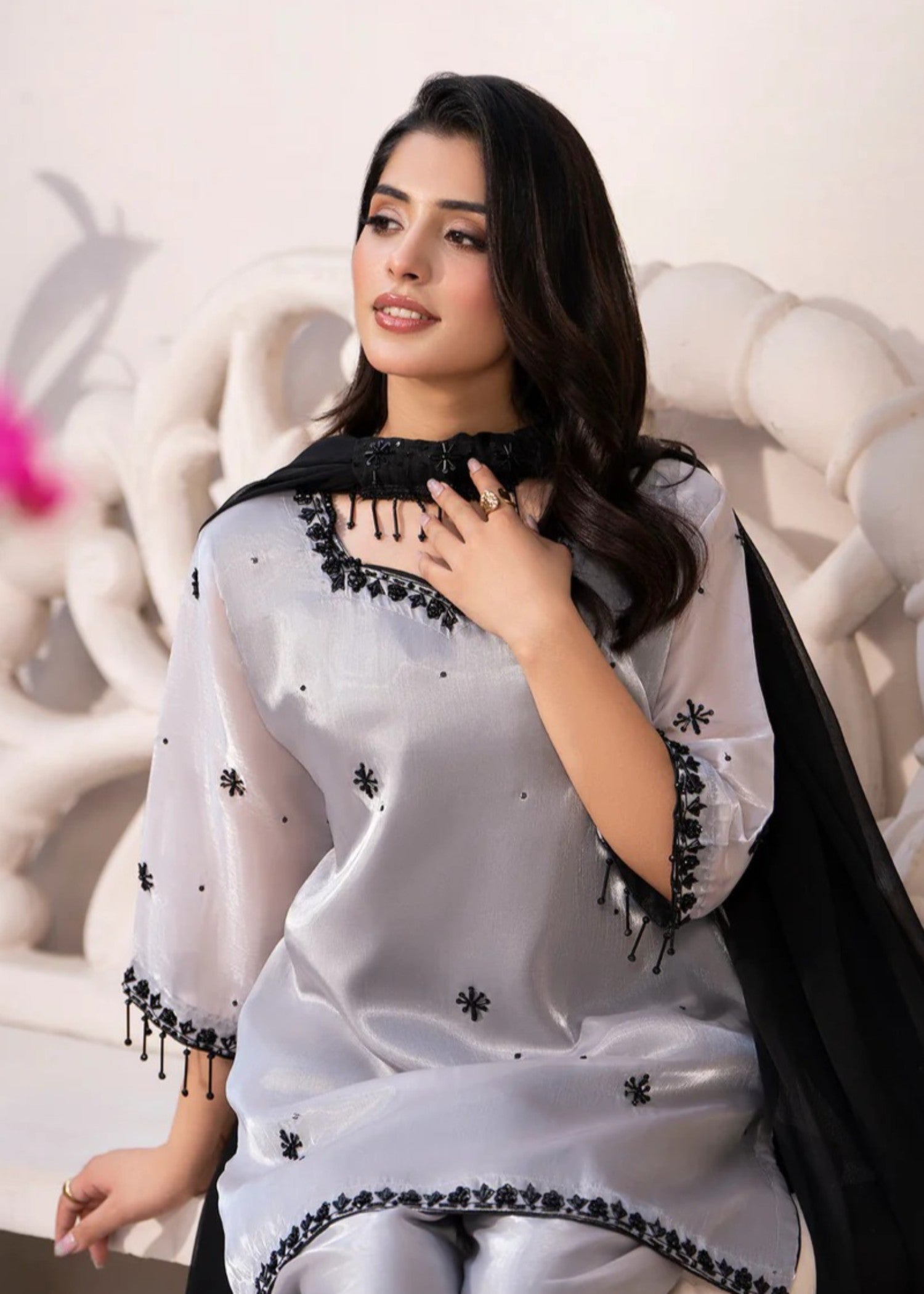 silk Kurta Set in Silver