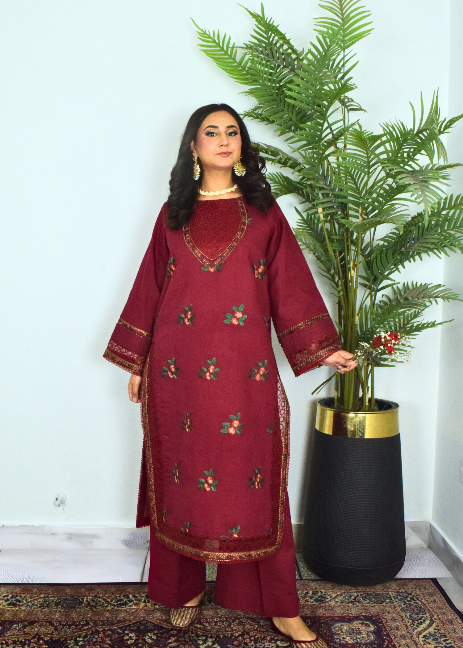 lawn cotton Kurta Set in Maroon