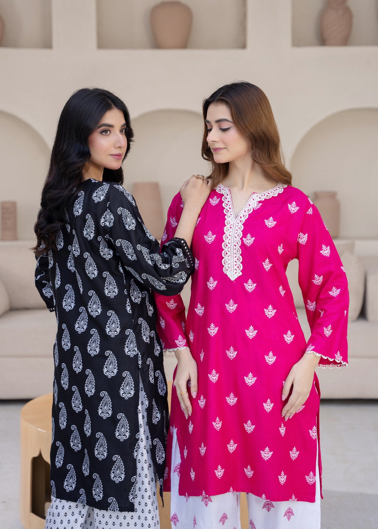linen Kurta Set in White, hot pink red