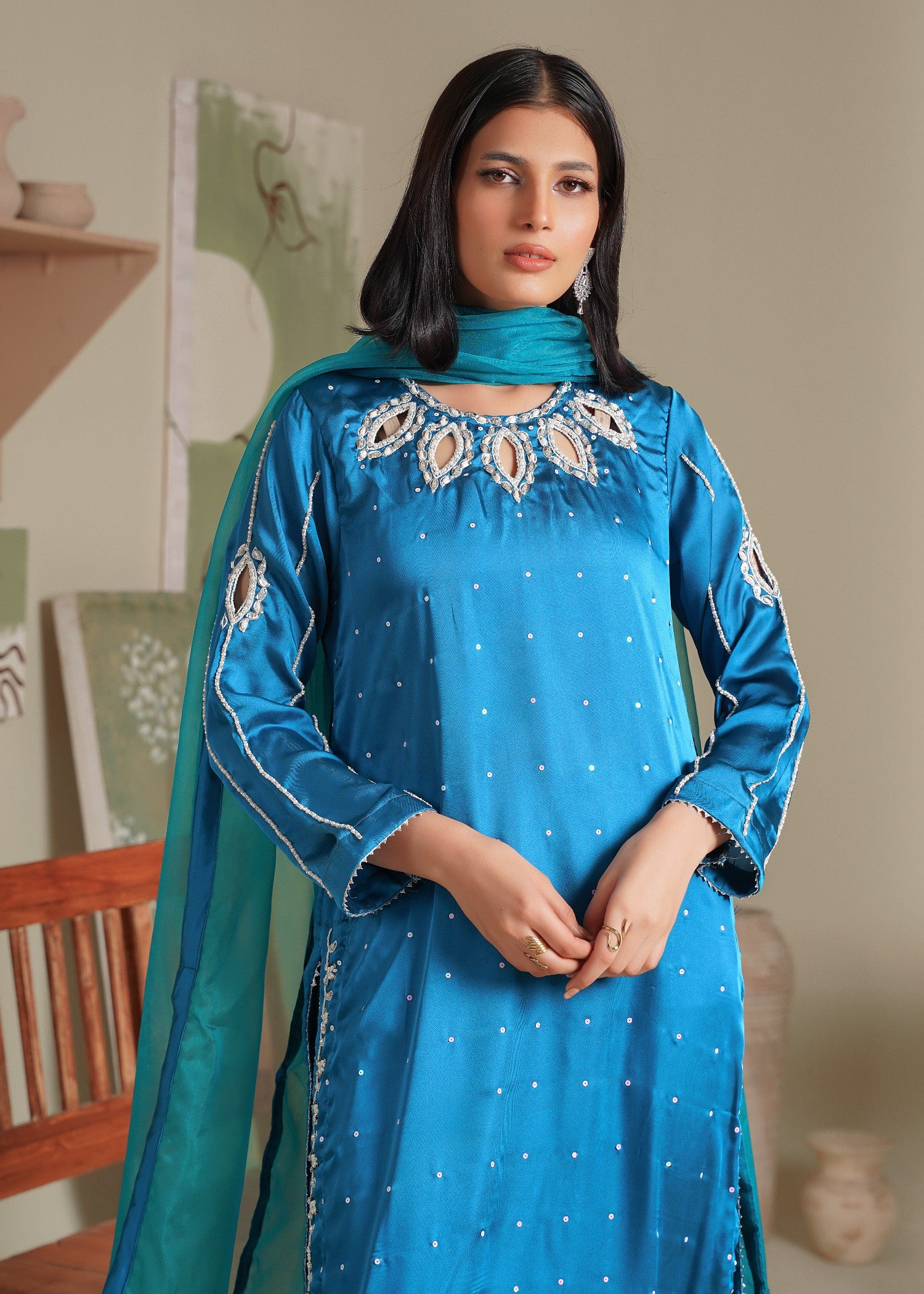silk Kurta Set in Dodger blue