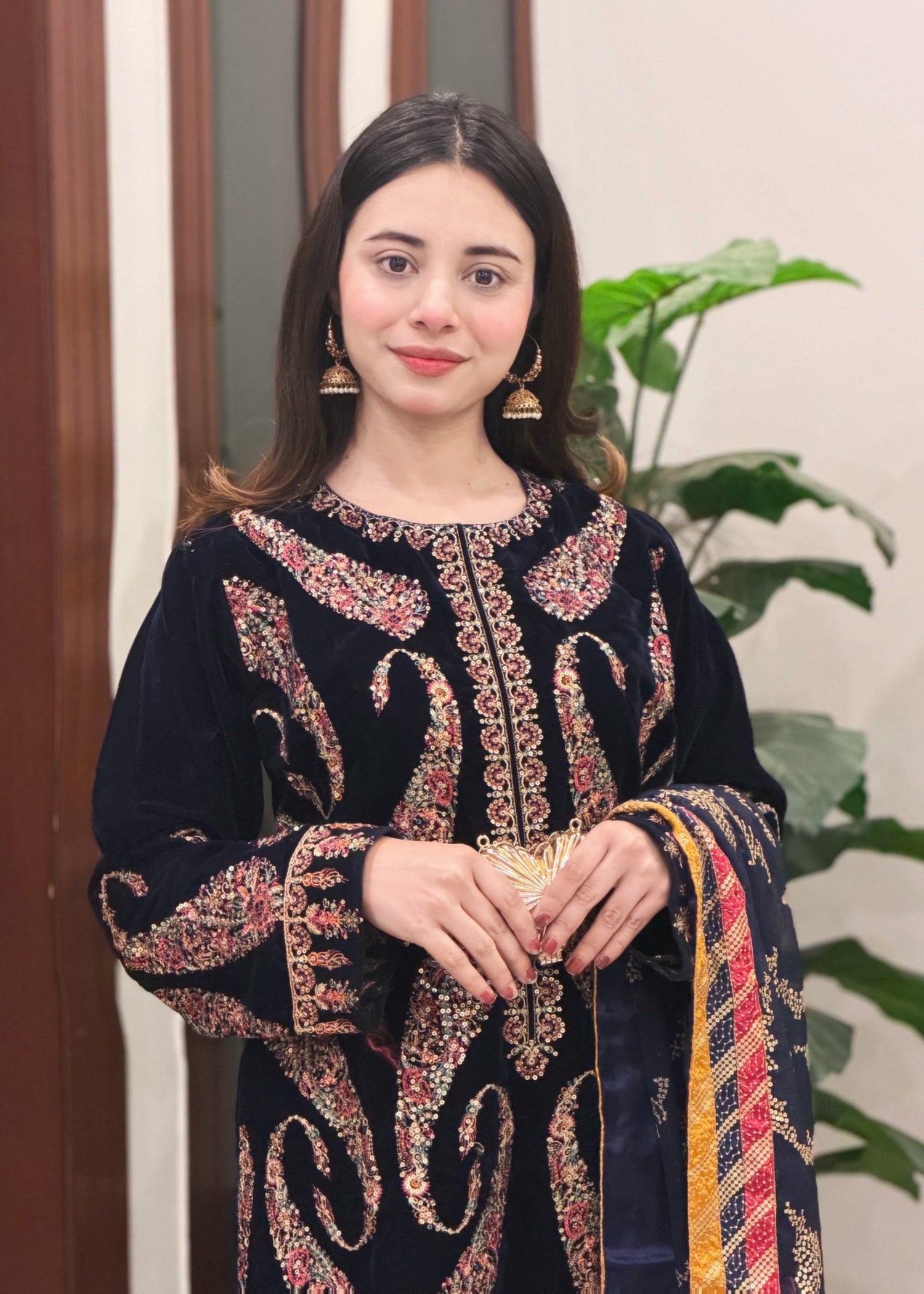 velvet Kurta Set in Dark blue