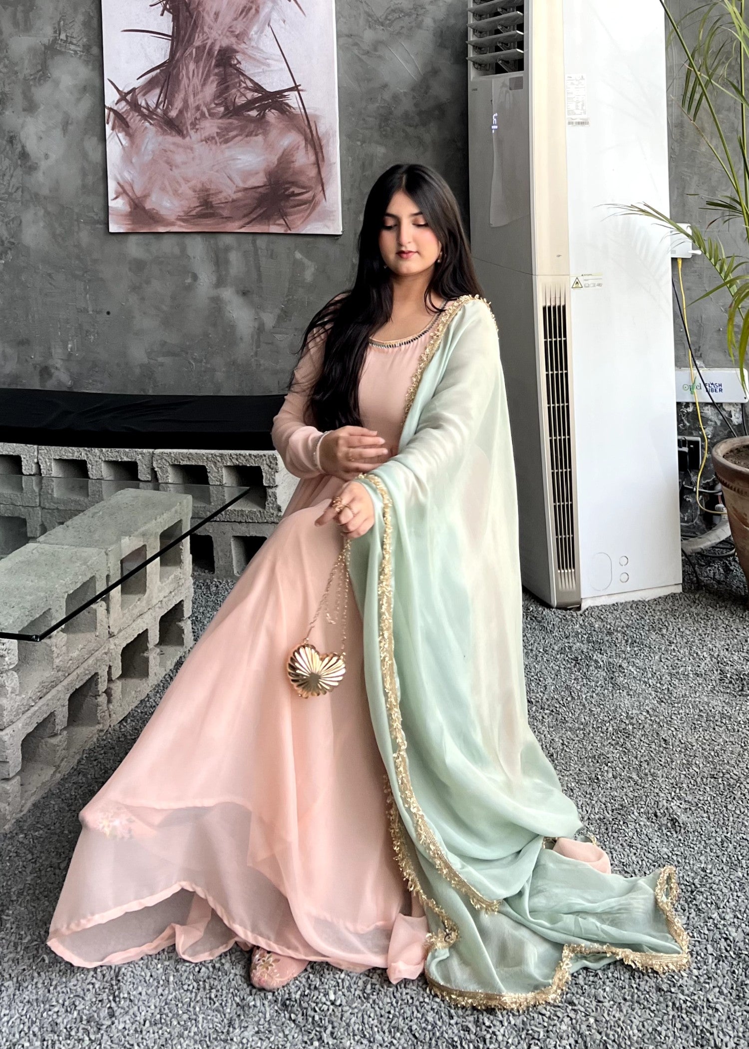 bemberg crinkle chiffon Maxi in Pink, pistachio green