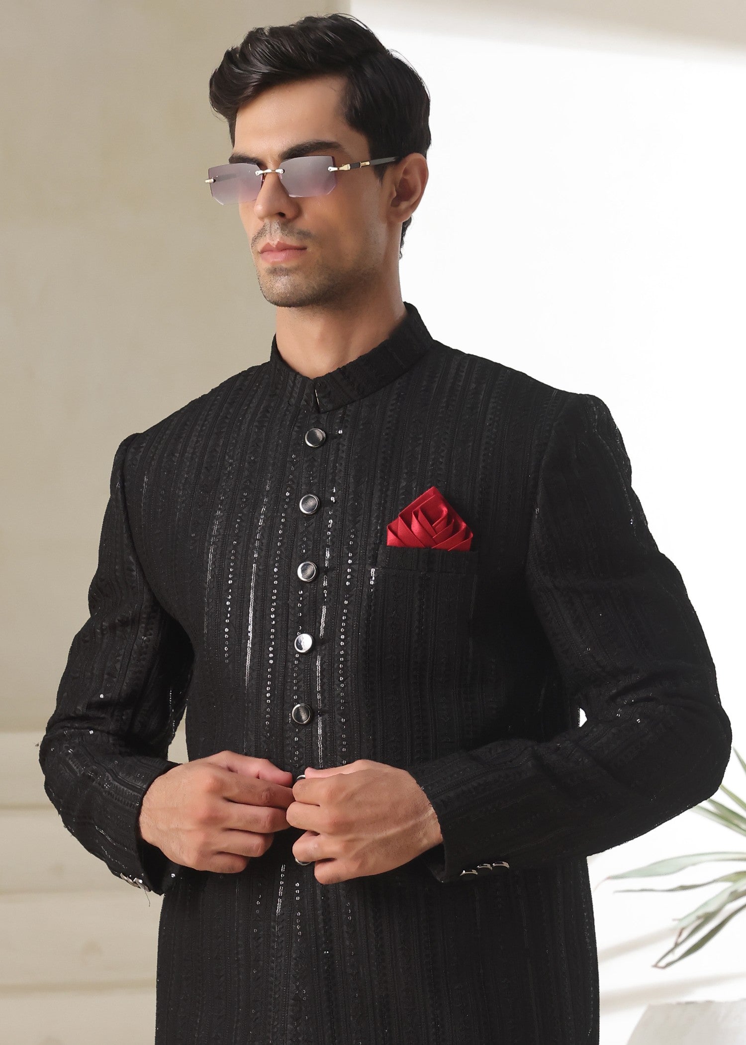 raw silk Sherwani in Black