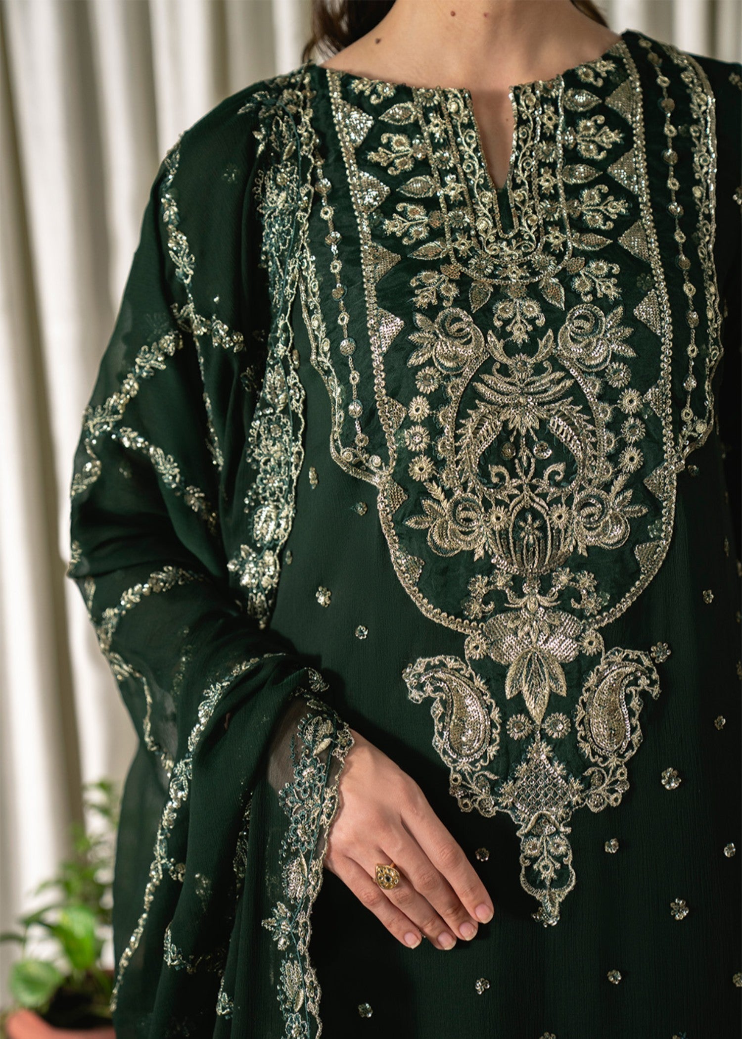 chiffon Kurta Set in Hunter green