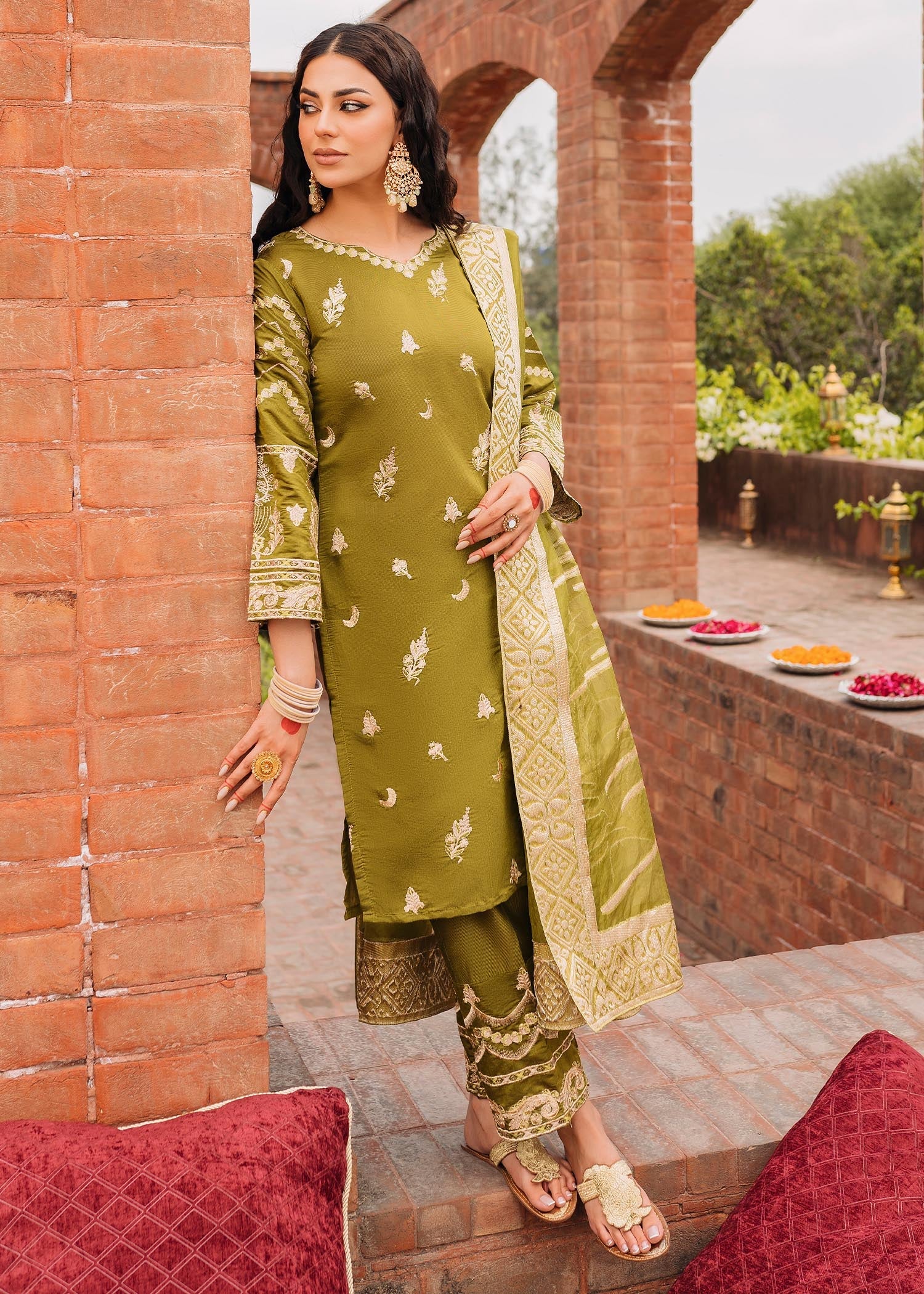 chambray Kurta Set in Olive green
