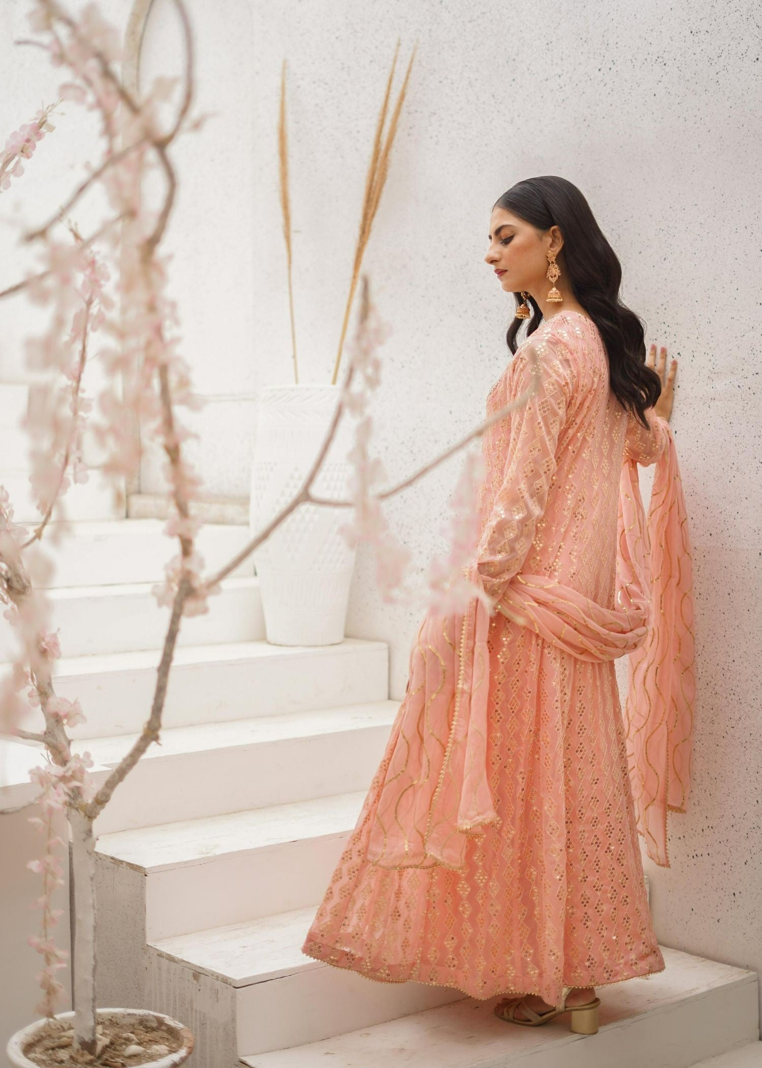 chiffon Anarkali in Peach pink