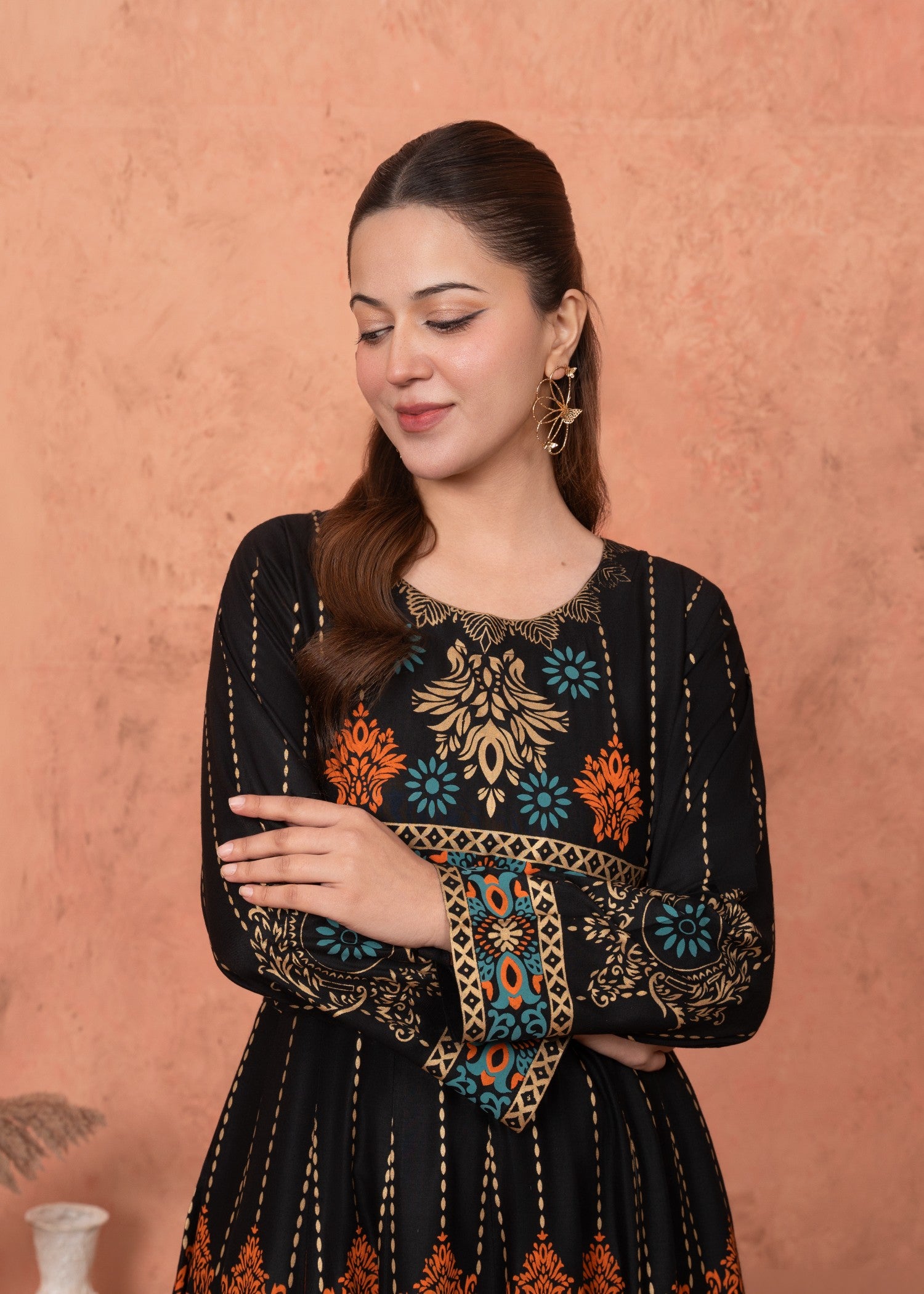 linen Anarkali in Black