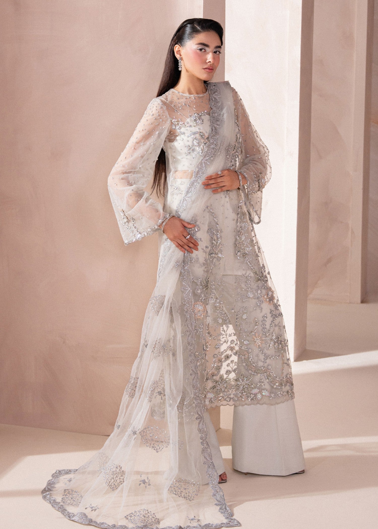 net Kurta Set in Ghost white