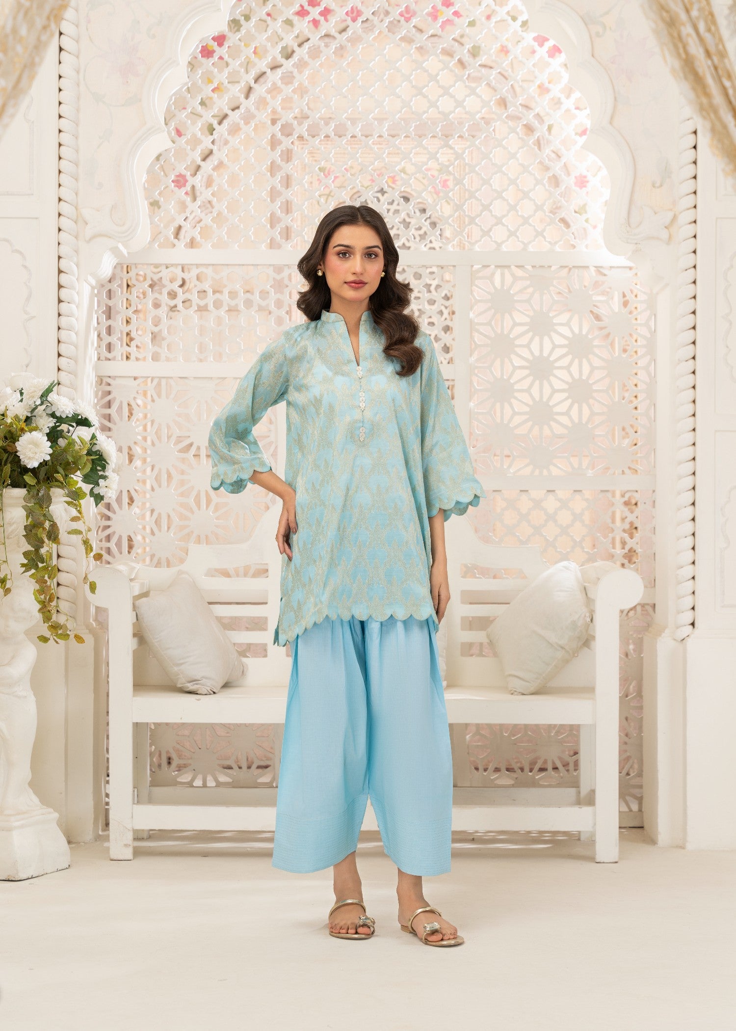 jacquard Kurta Set in Sky blue