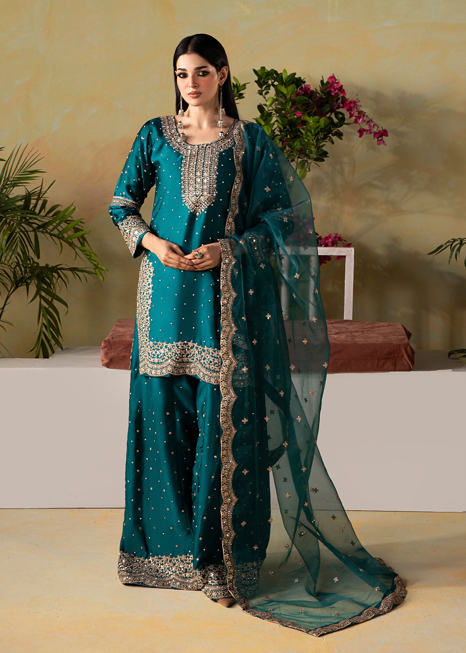 silk charmeuse Kurta Set in Teal