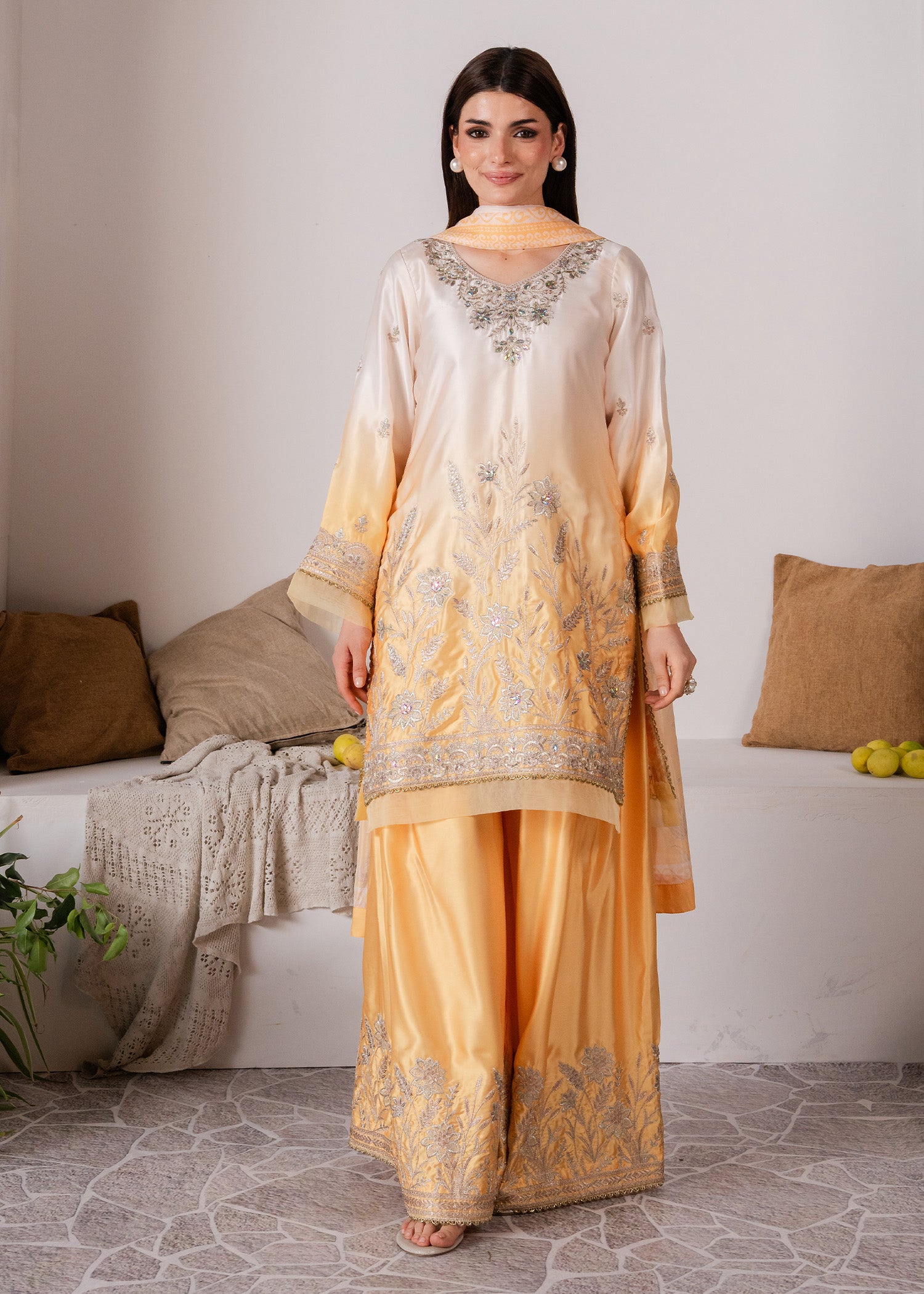 charmuse/shamooz Kurta Set in Off-white, goldfish orange