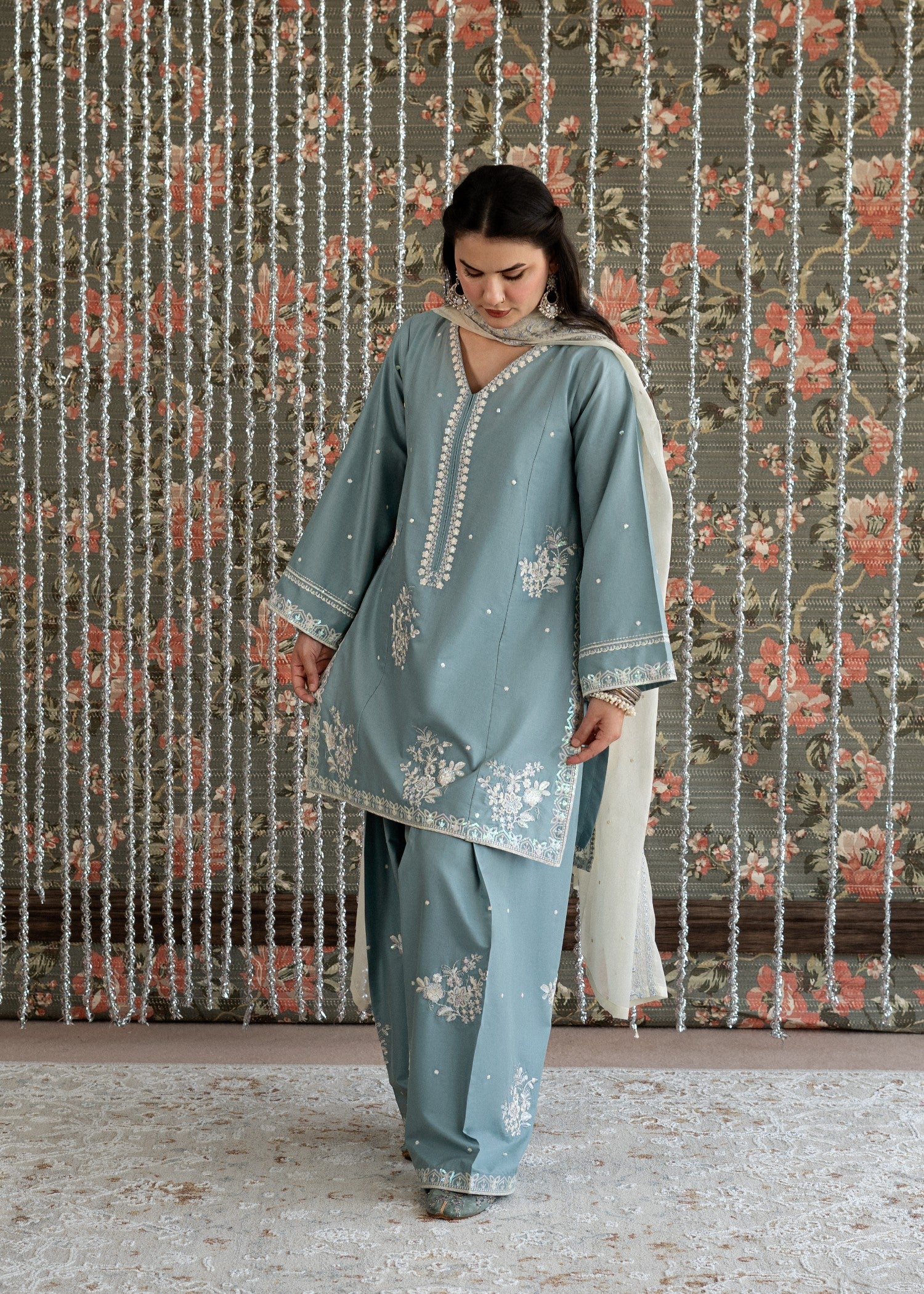 lawn Kurta Set in Off-white, light blue