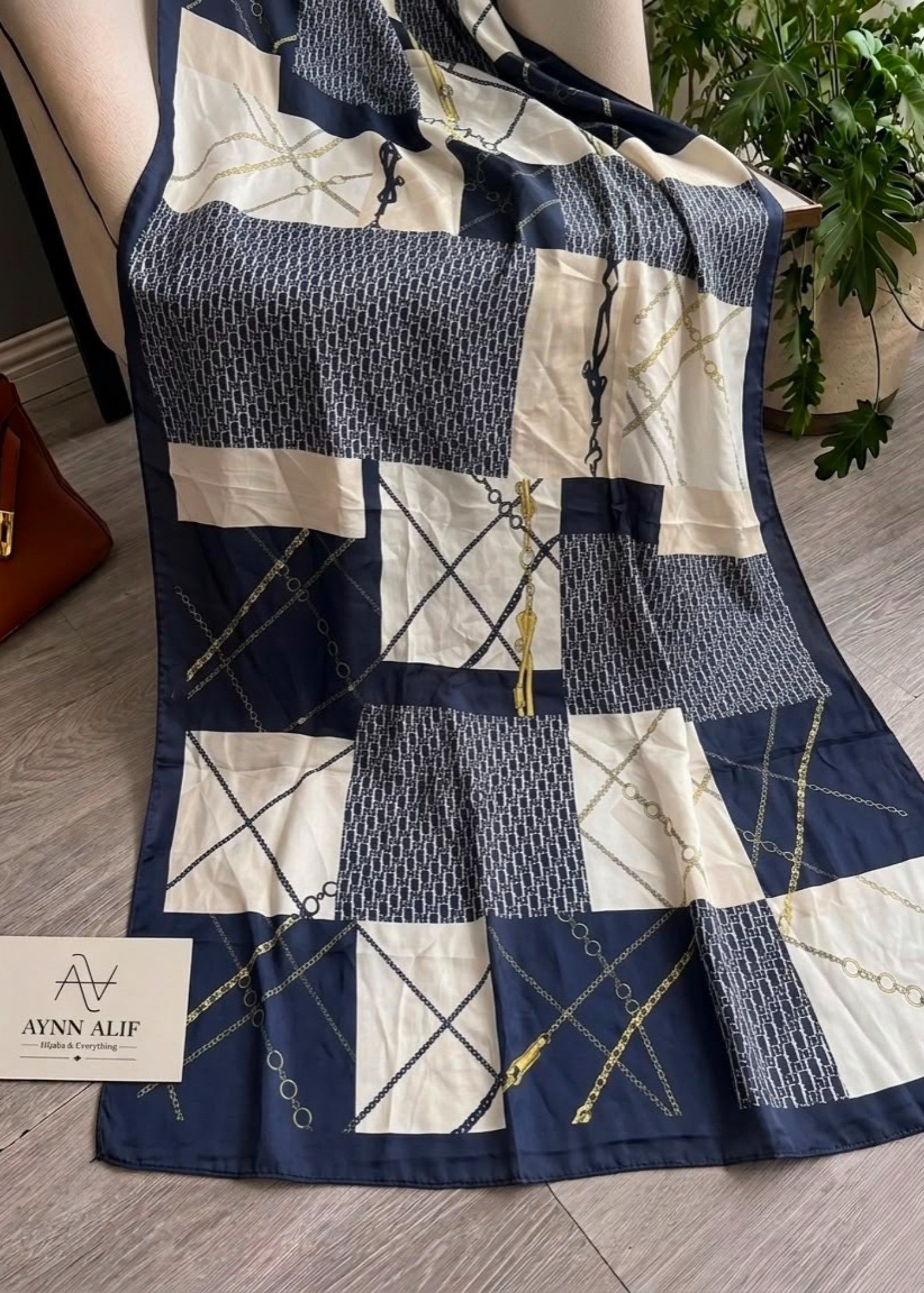 silk Hijab in Navy blue, off-white