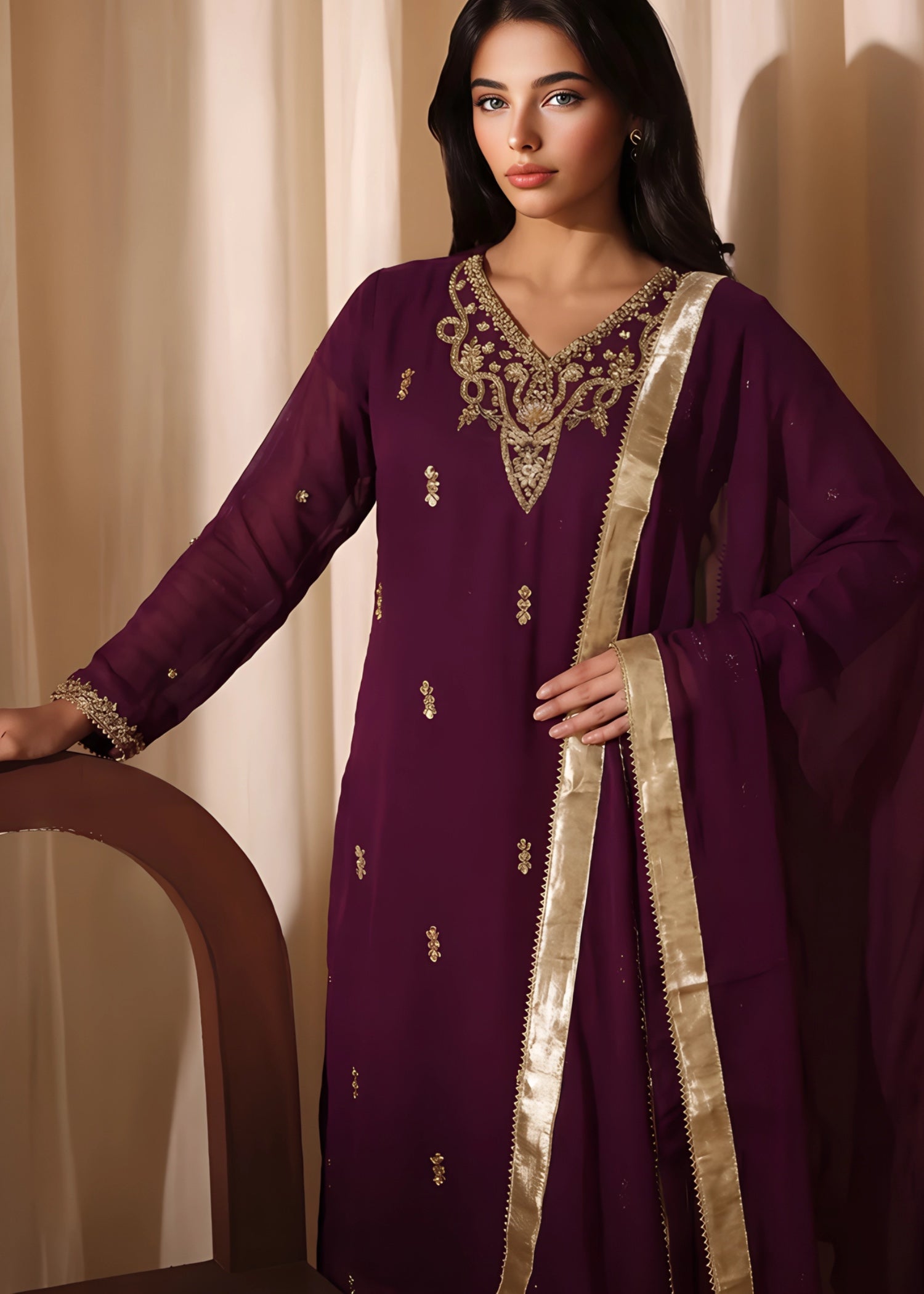 chiffon Gharara in Plum purple
