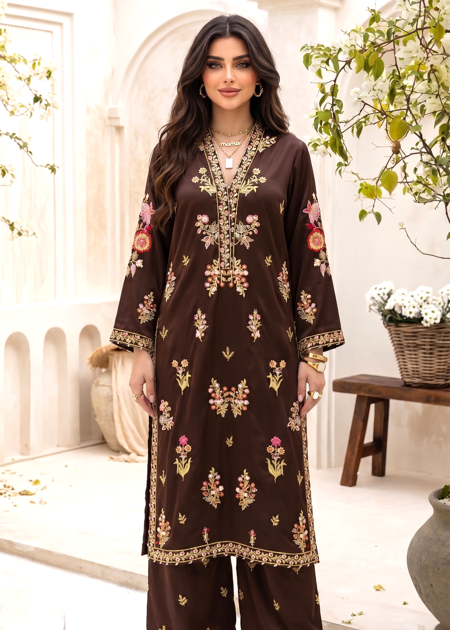 cambric Kurta Set in Brown