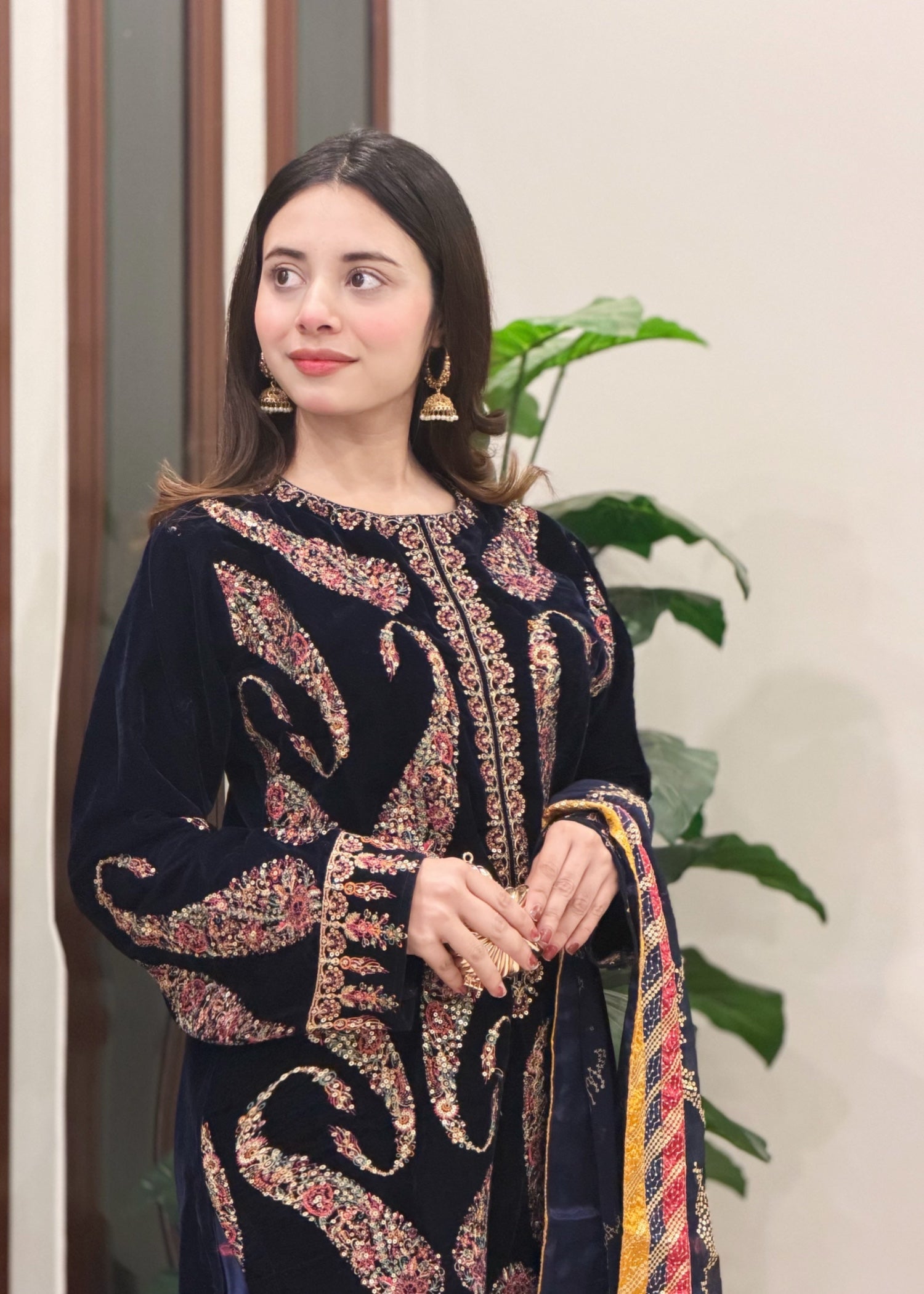 velvet Kurta Set in Dark blue