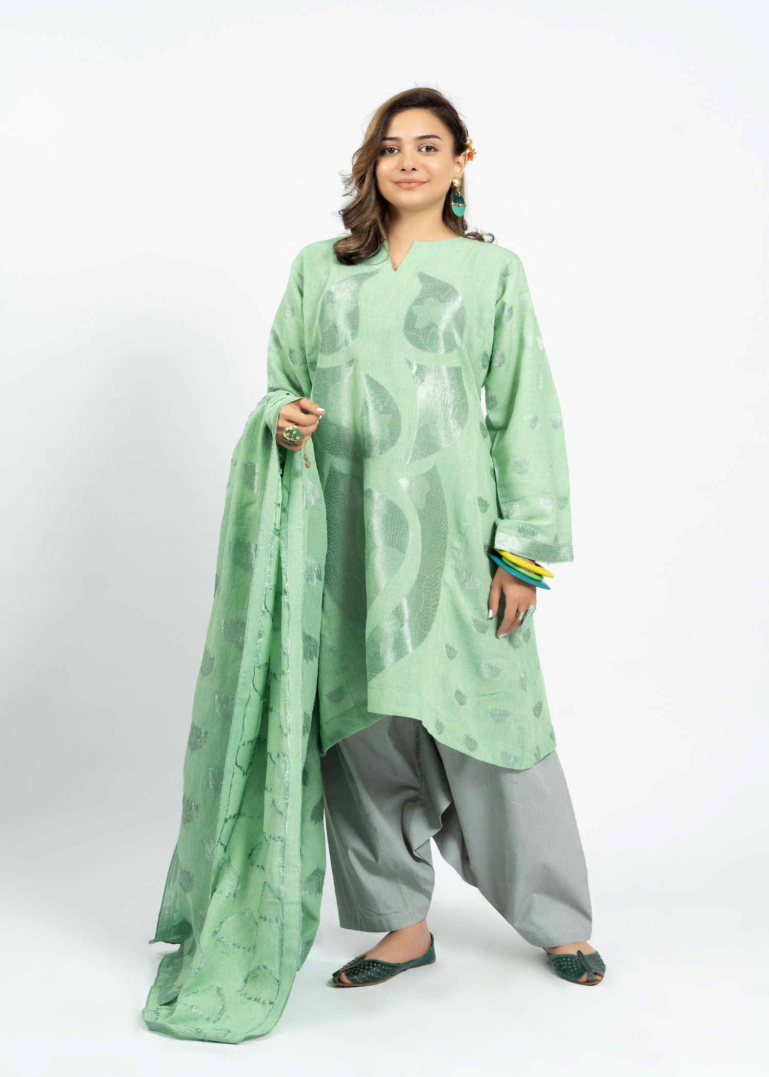 jacquard Short Frock in Green