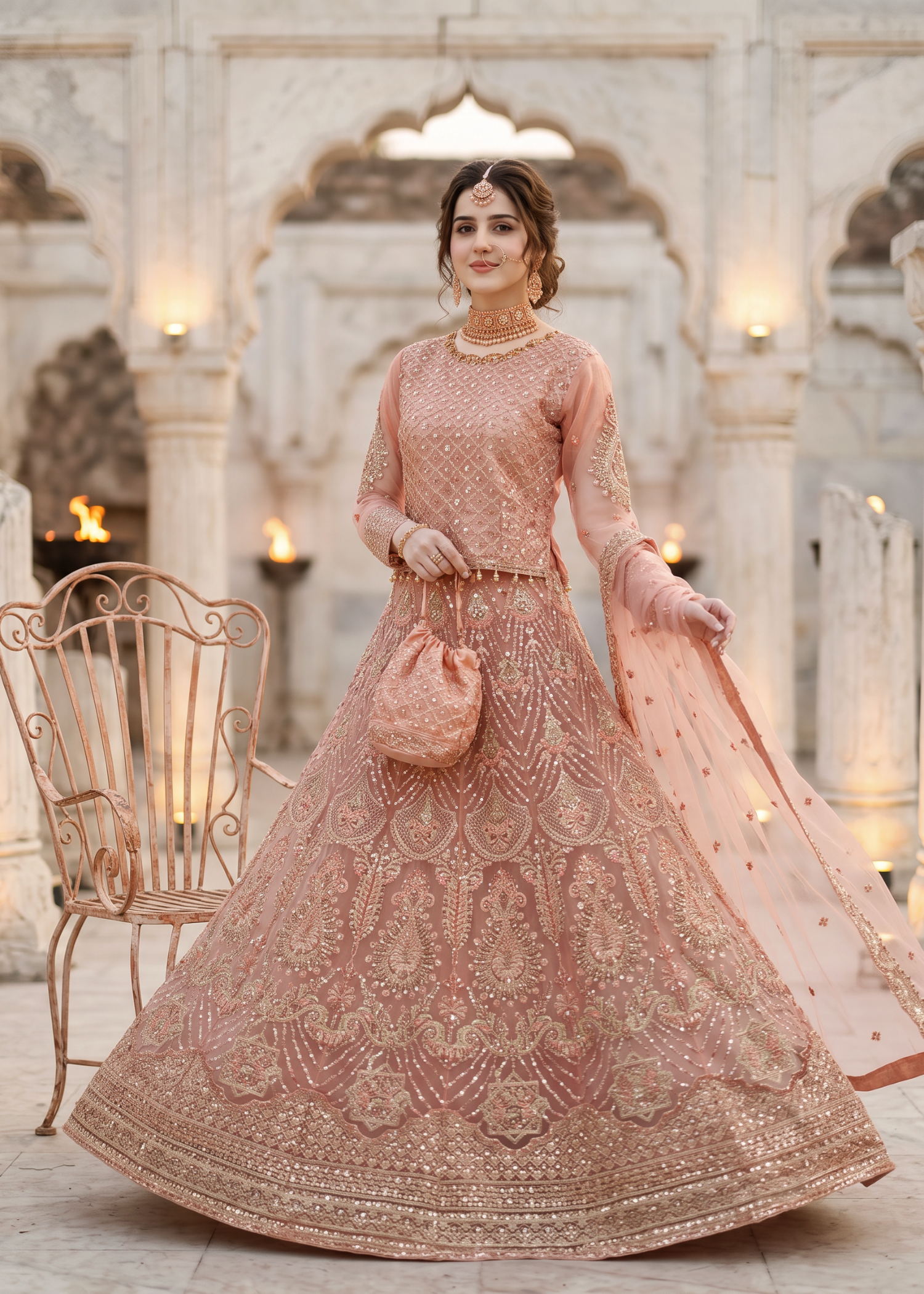 net Lehenga in Peach pink