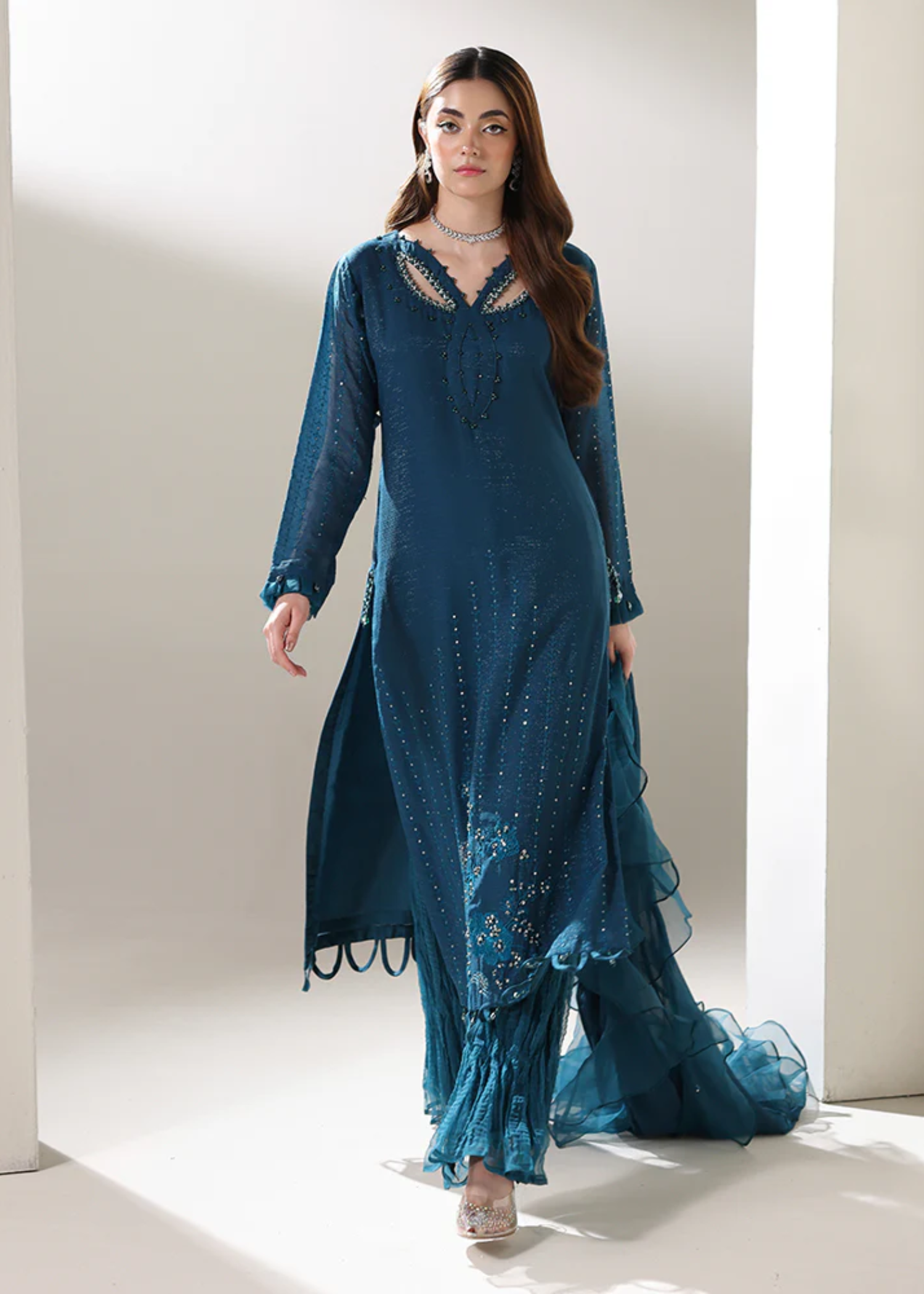 crinkle chiffon Kurta Set in Cobalt blue