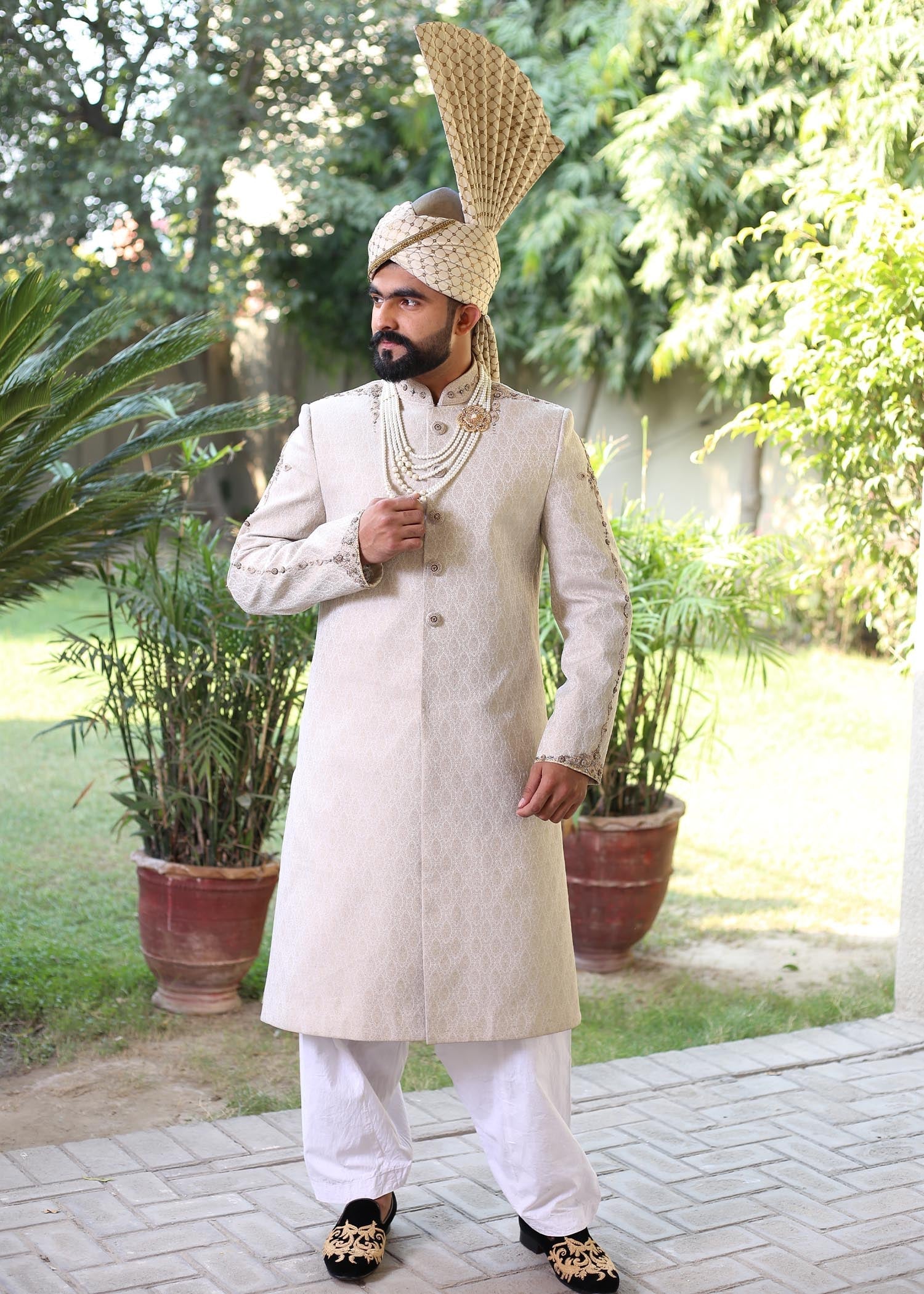 jamawar Sherwani in Cream