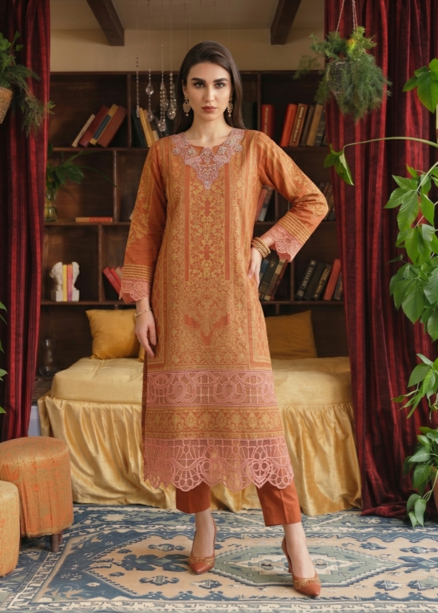 jacquard Kurta Set in Yellow-orange