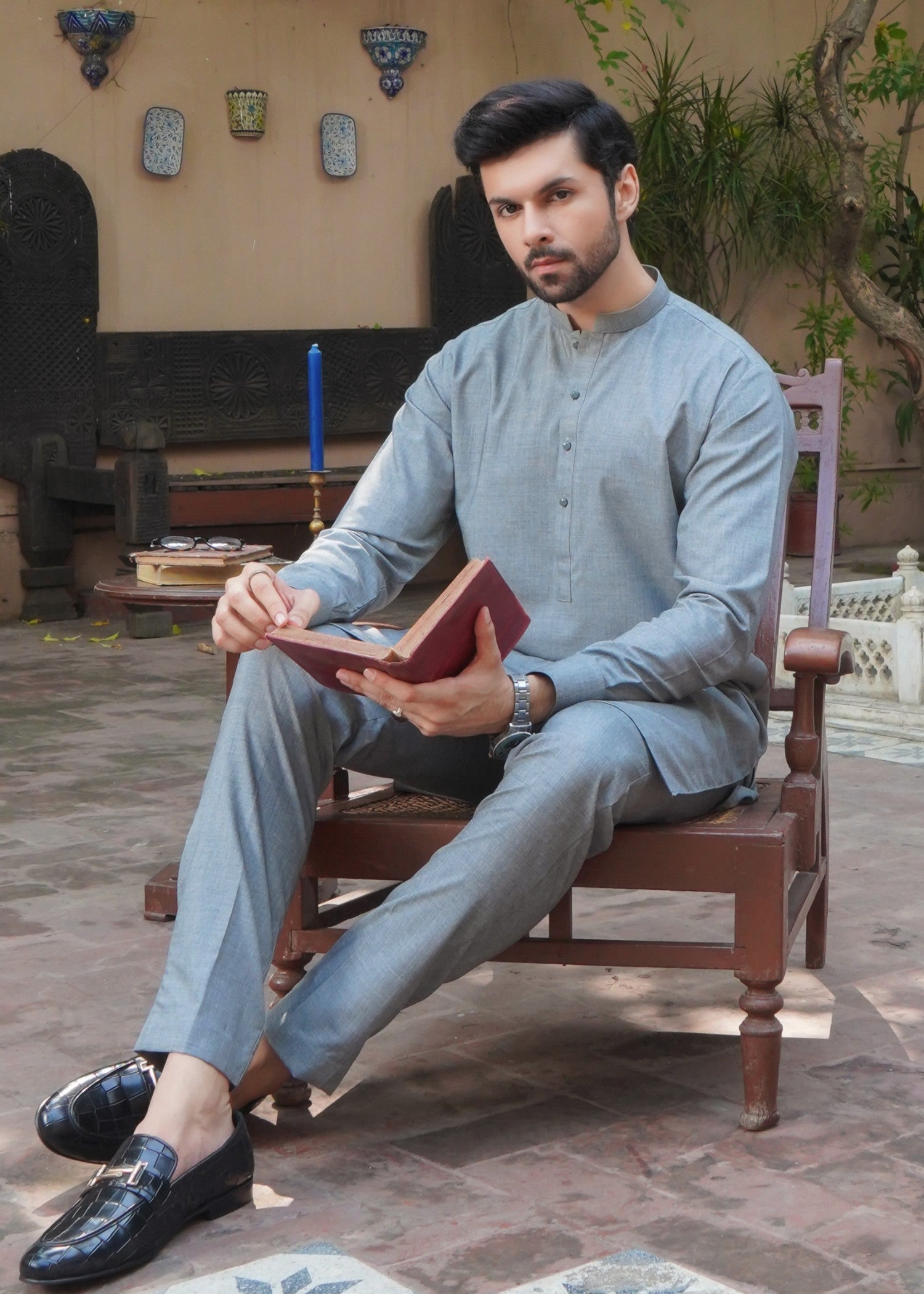 wool Kurta Set in Grey