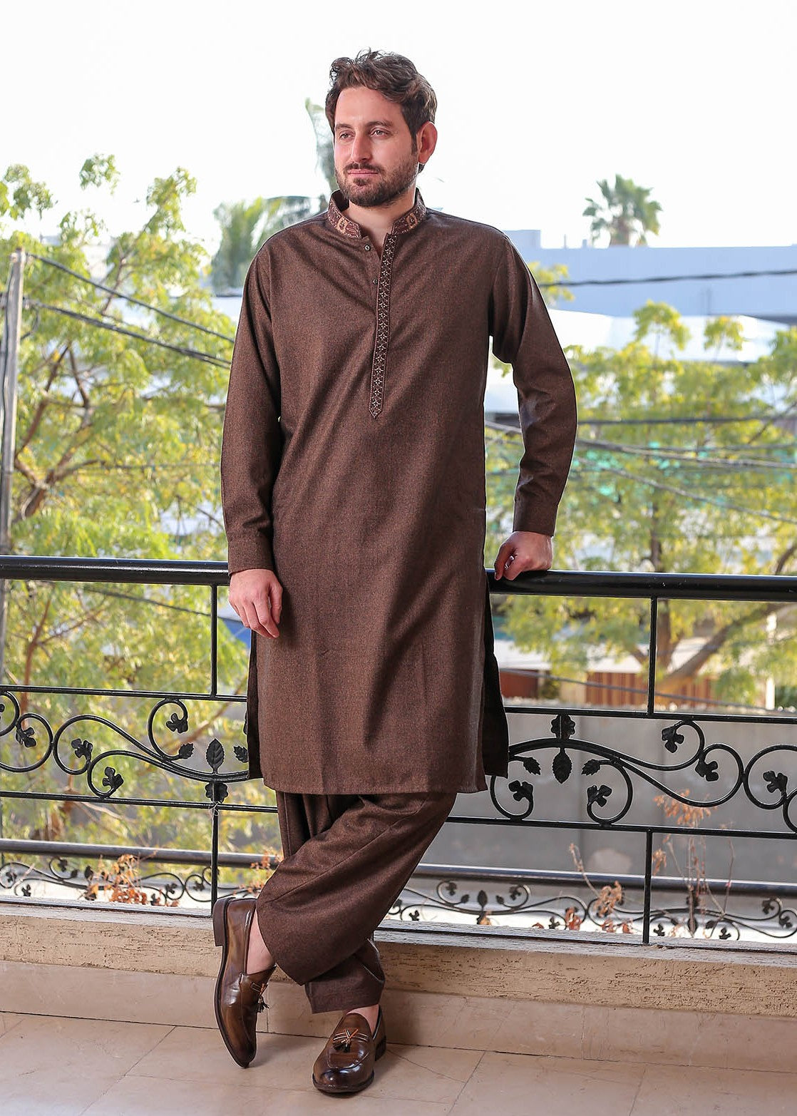 wool viscose Shalwar Kameez in Brown