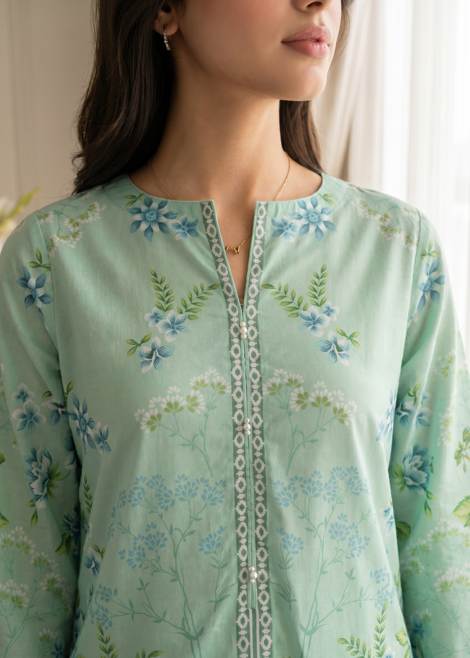 lawn Kurta Set in Moss green