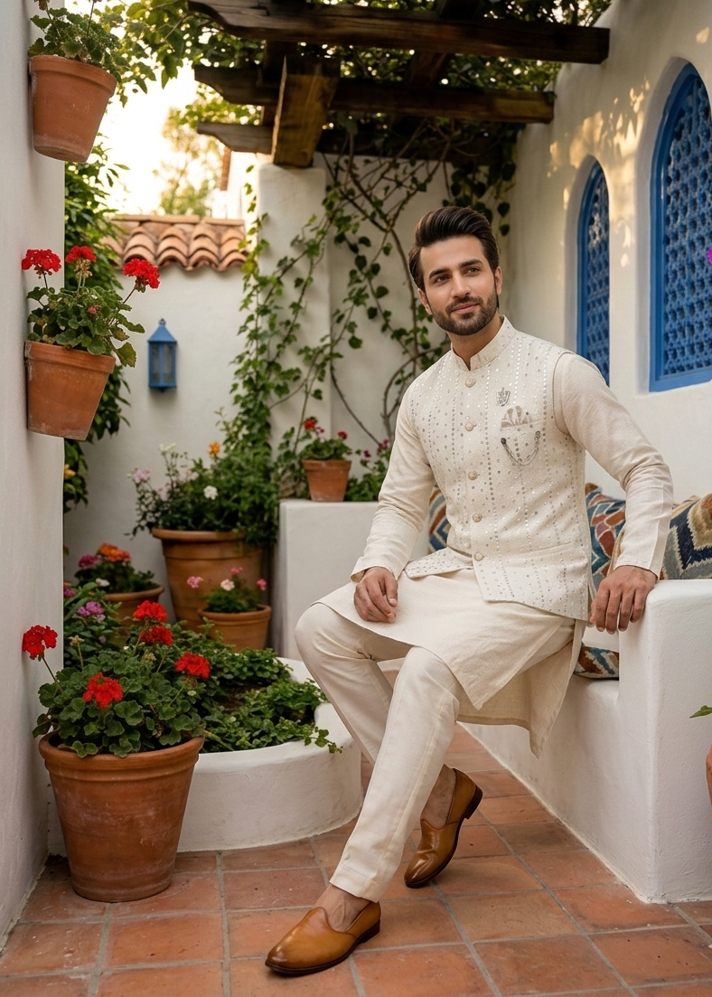 jamawar Waistcoat in White